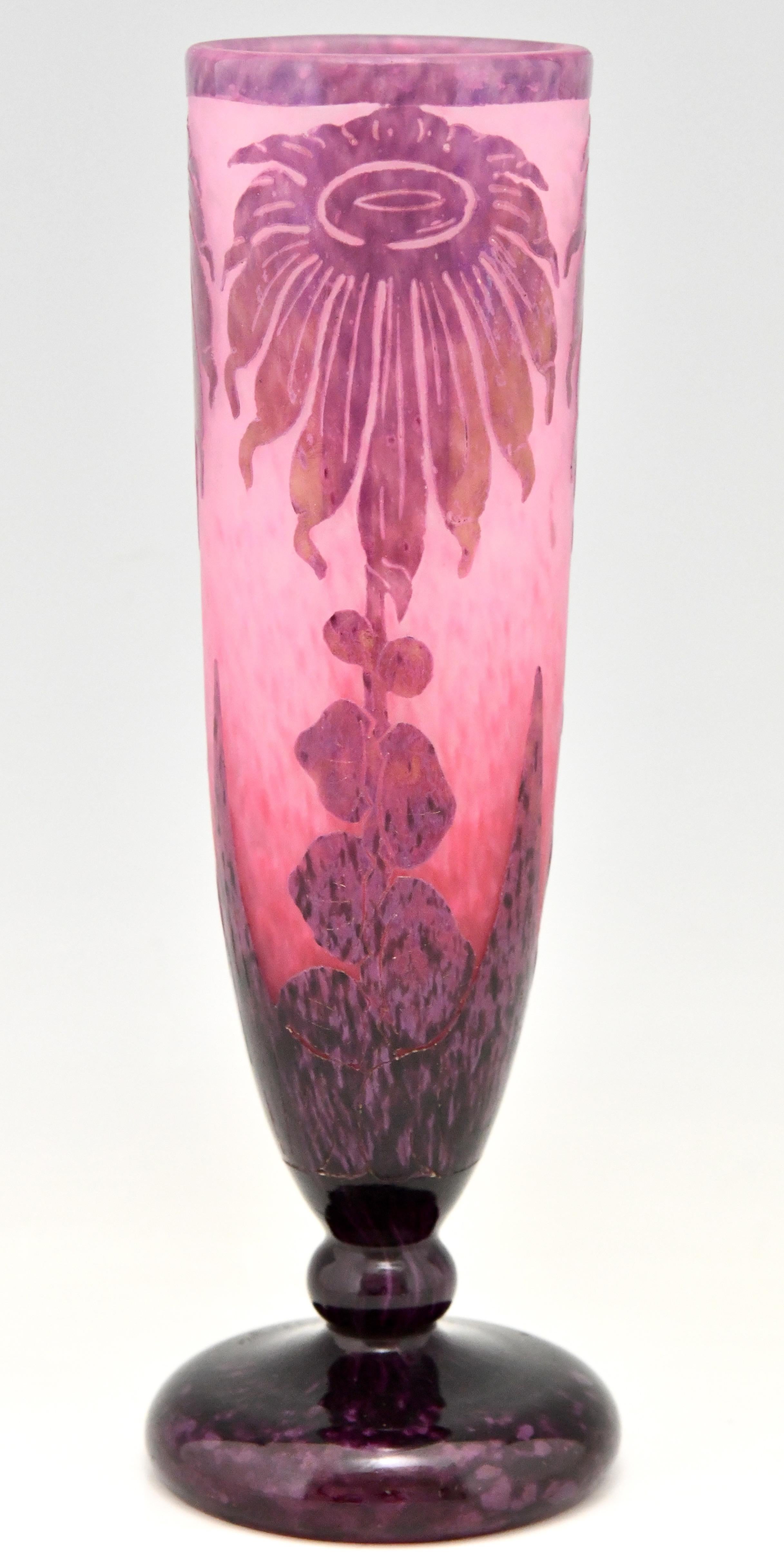Early 20th Century Dahlias Art Deco Cameo Glass Vase with Flowers Le Verre Français, 1923