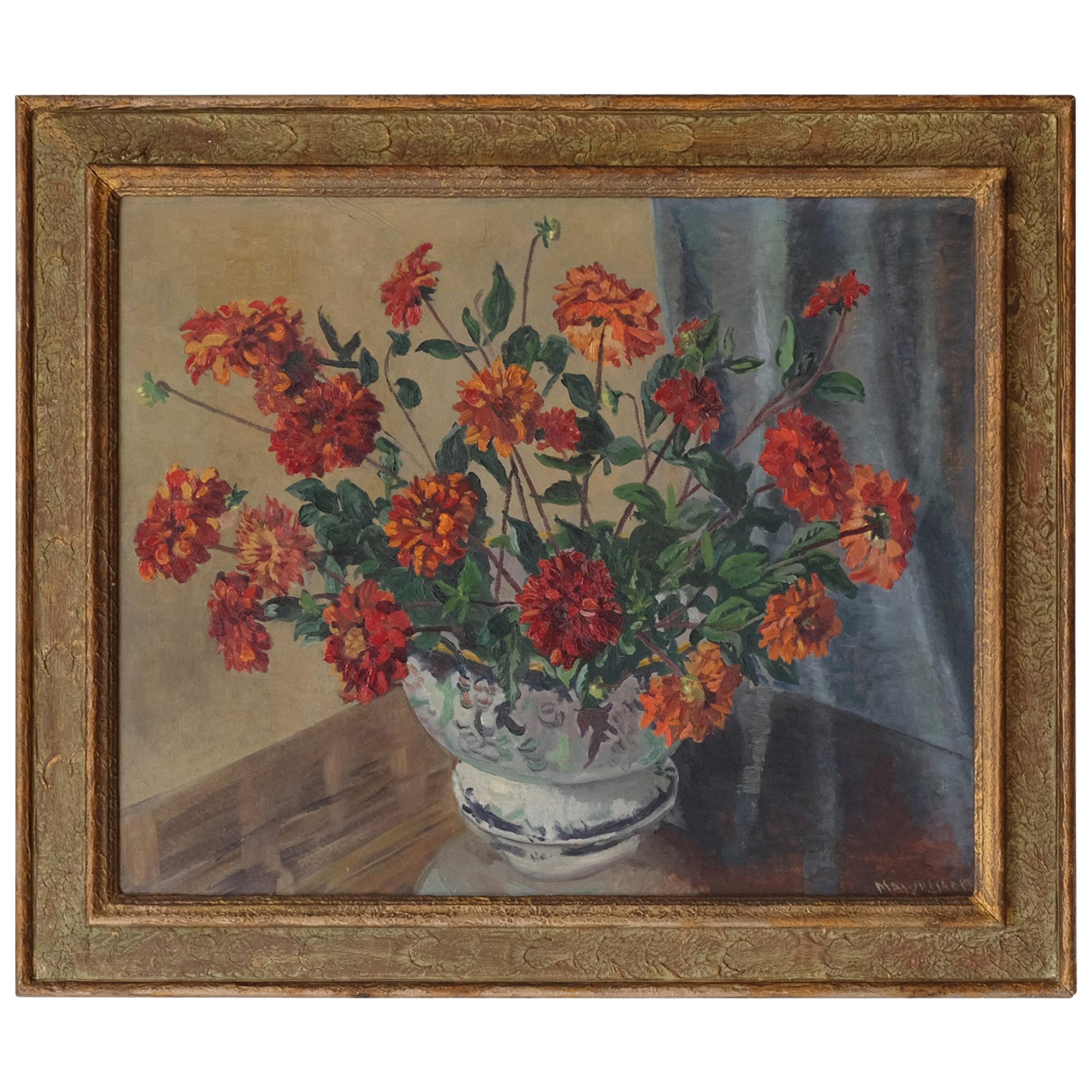 Dahlias Still Life Oil Painting, Signed, Red Floral, Large, Early 20th Century