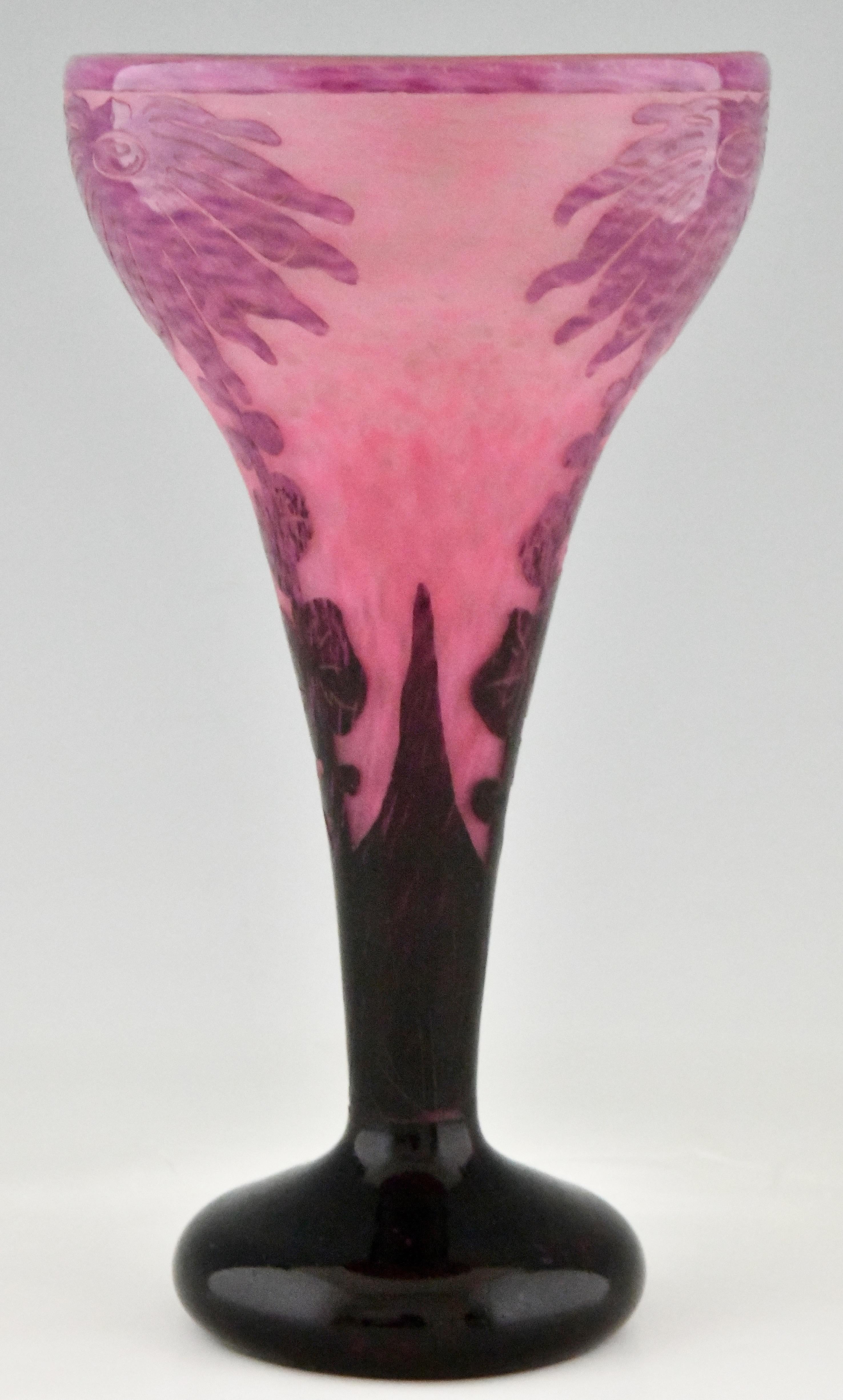 Dahlias Tall Art Deco Cameo Glass Vase Flowers Le Verre Français Schneider 1923 1