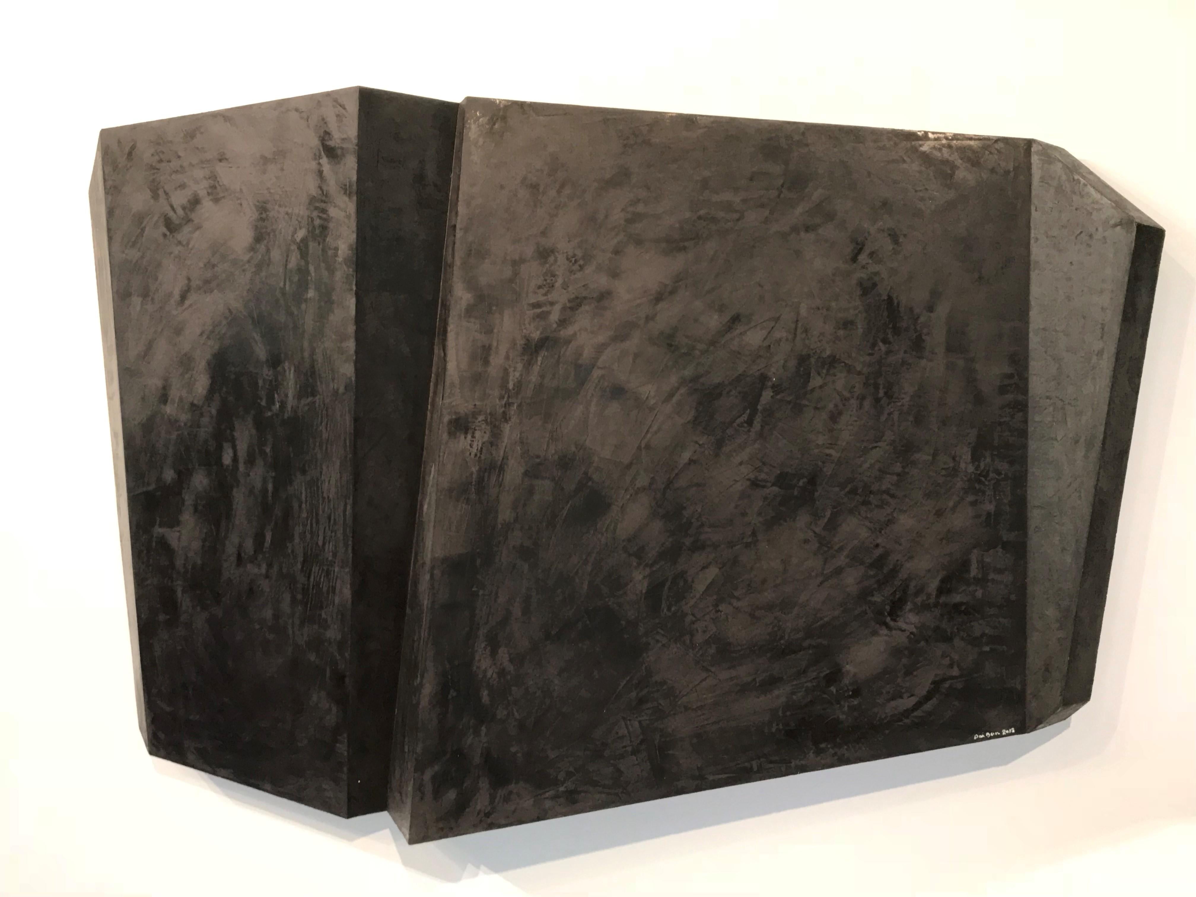 Black Mirror (Minimalist Horizontal Japanese Abstract Wall Sculpture)
 by Japanese born artist, Dai Ban, in 2019
35 x 52 x 7.5 inches 
Precision board, Venetian plaster and pigment 
Hangs with a wire installed on the back (see detail views)
Signed,