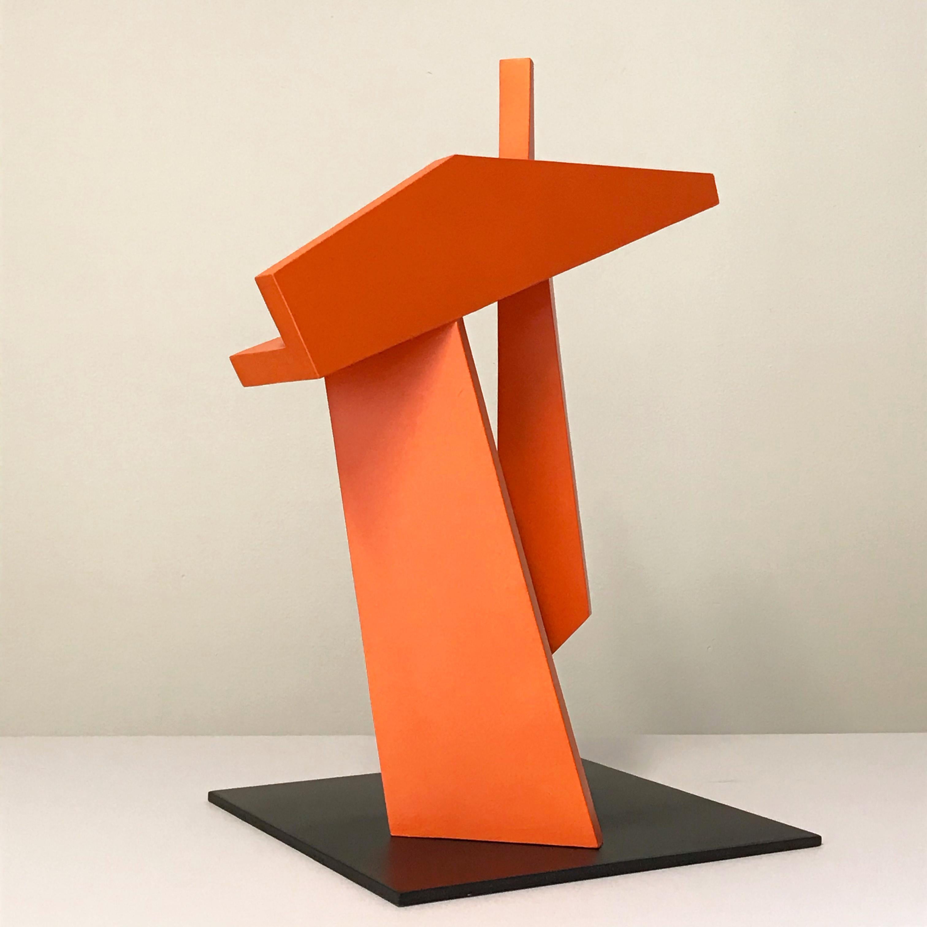 Minimalist Abstract Geometric standing sculpture in bright red orange with a black steel base
