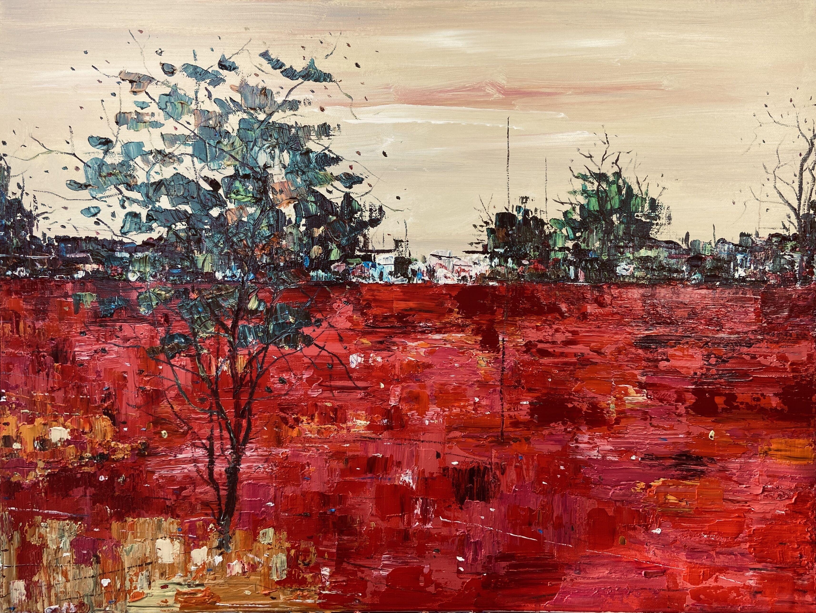 Peinture à l'huile - Paysage figuratif rouge - Mémoire
