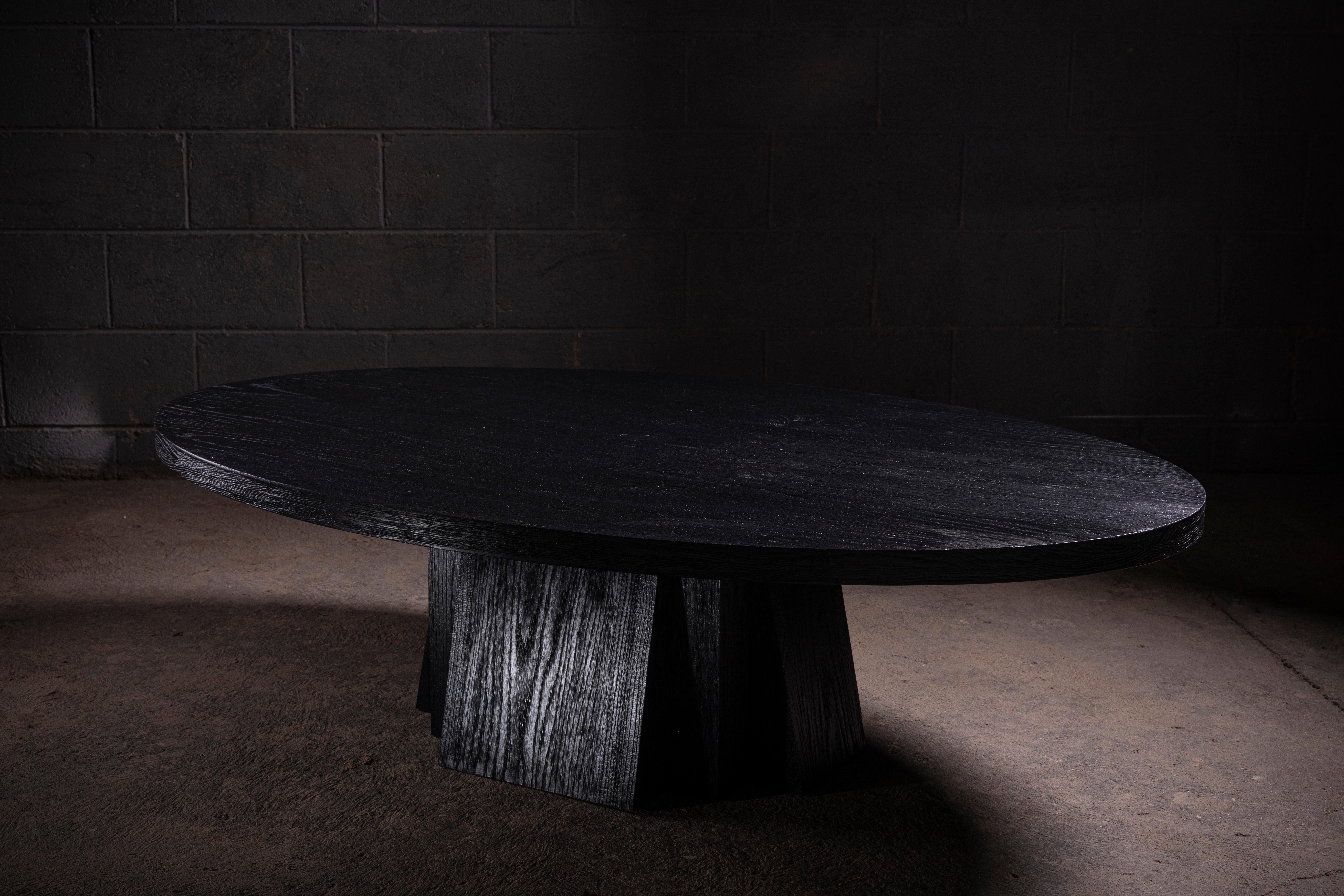 Solid Black Oak Dining Table with Geometric Pedestal, Inspired in Brutalist Architecture 