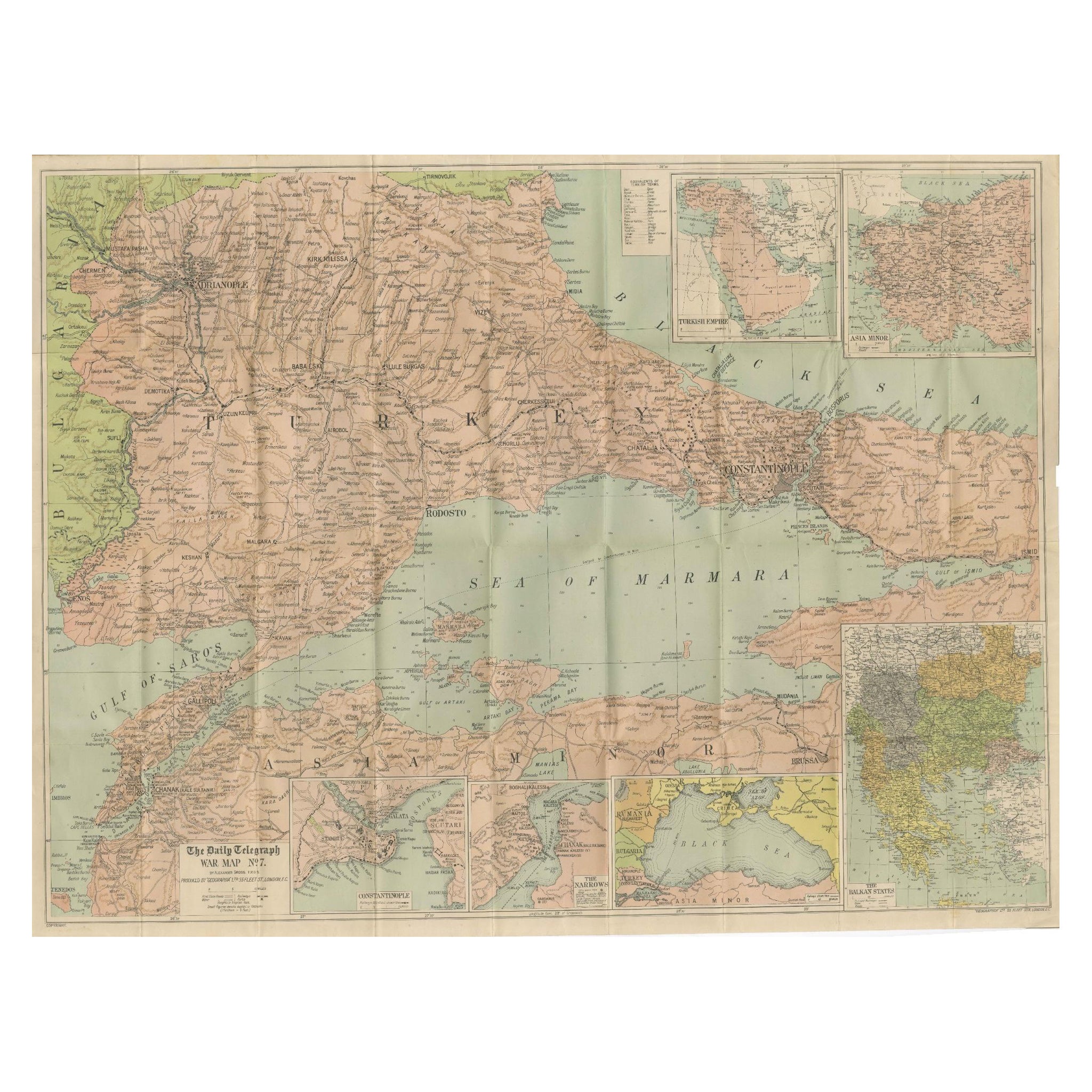 Daily Telegraph War Map 1877 - Empire ottoman, Balkans et Constantinople Antique