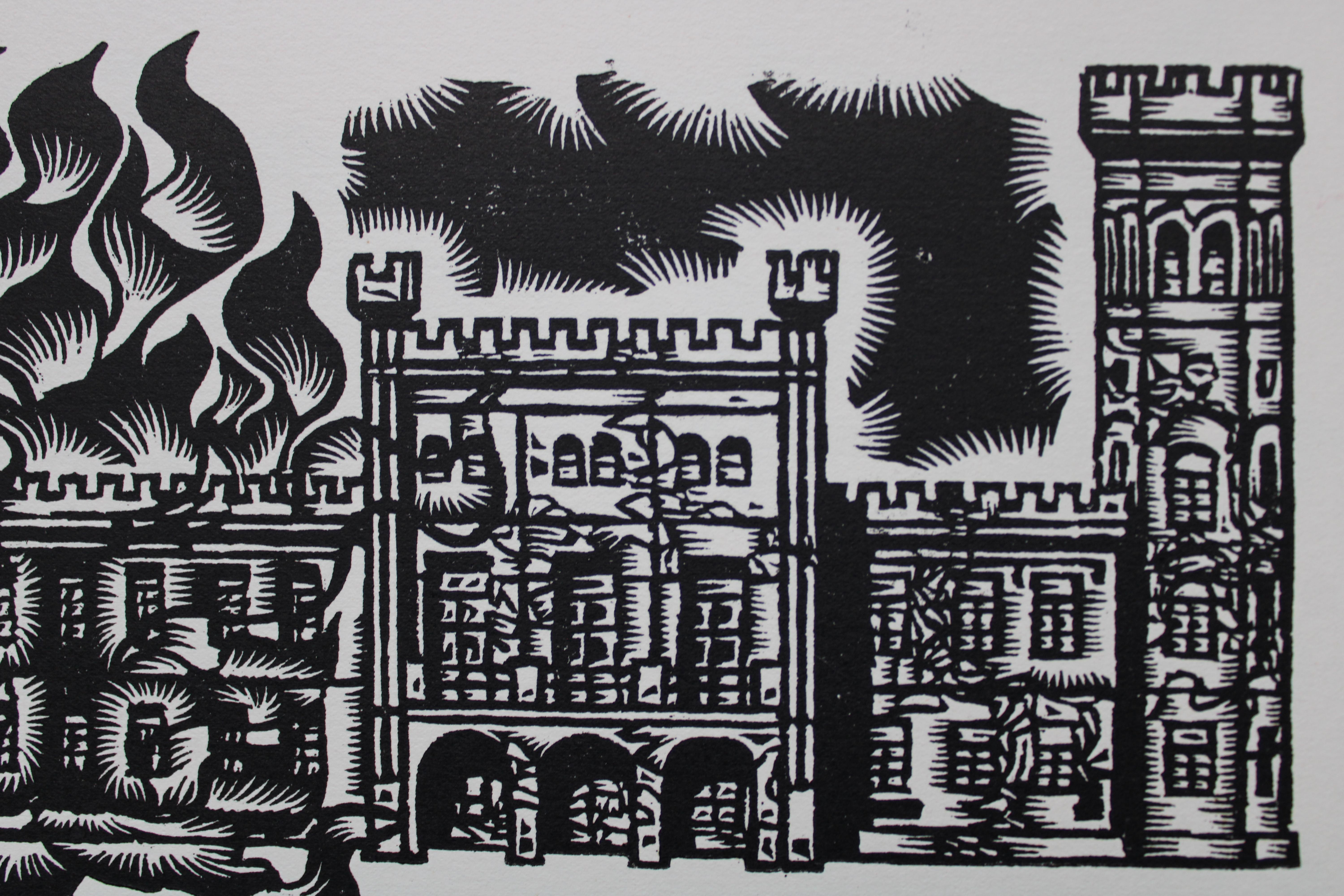 Ein Kampf gegen die Bürgermeister. 1982. Papier, Linolschnitt, 25x34 cm (Volkskunst), Print, von Dainis Rozkalns