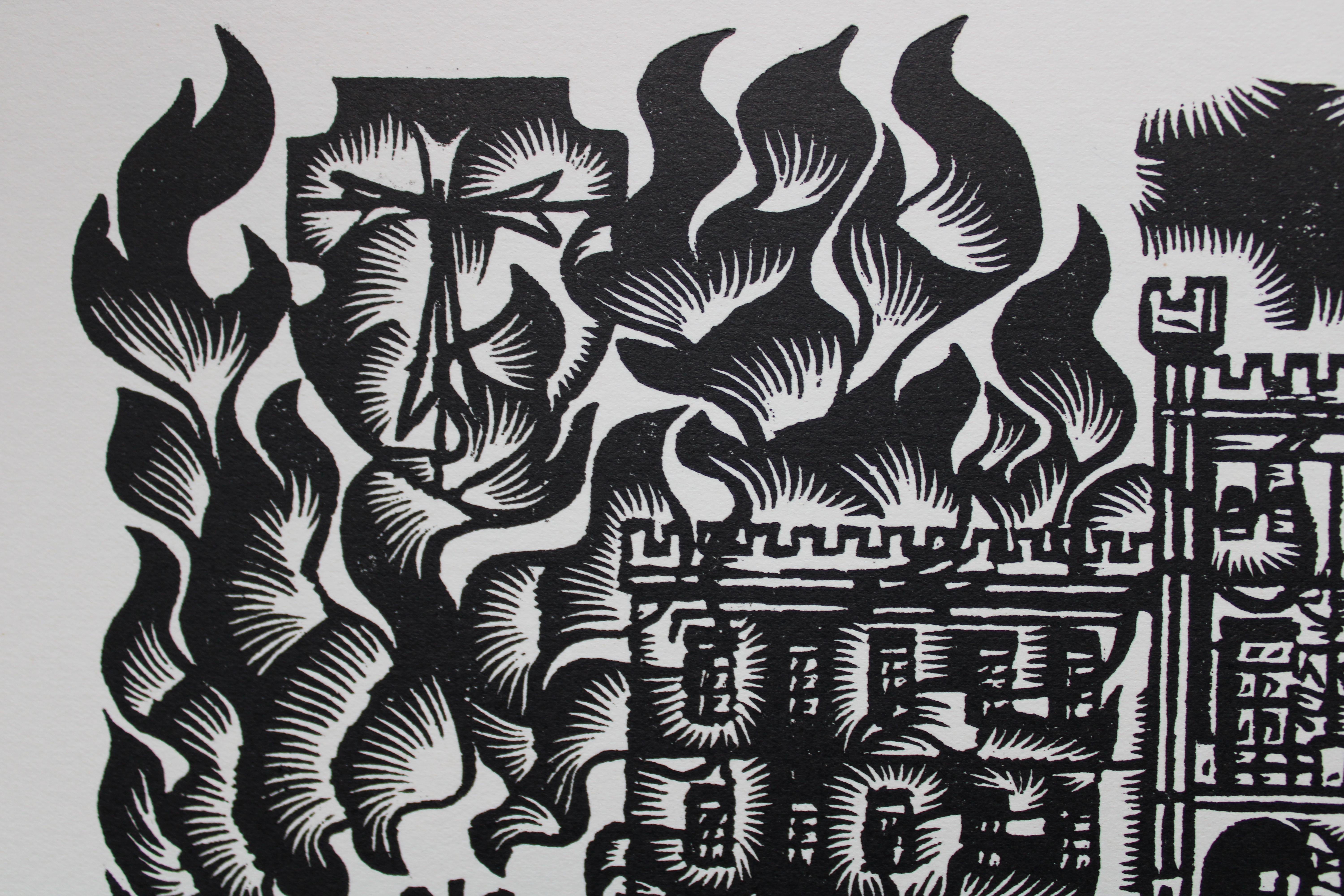 A fight against the lords. 1982. Paper, linocut, 25x34 cm - Gray Print by Dainis Rozkalns