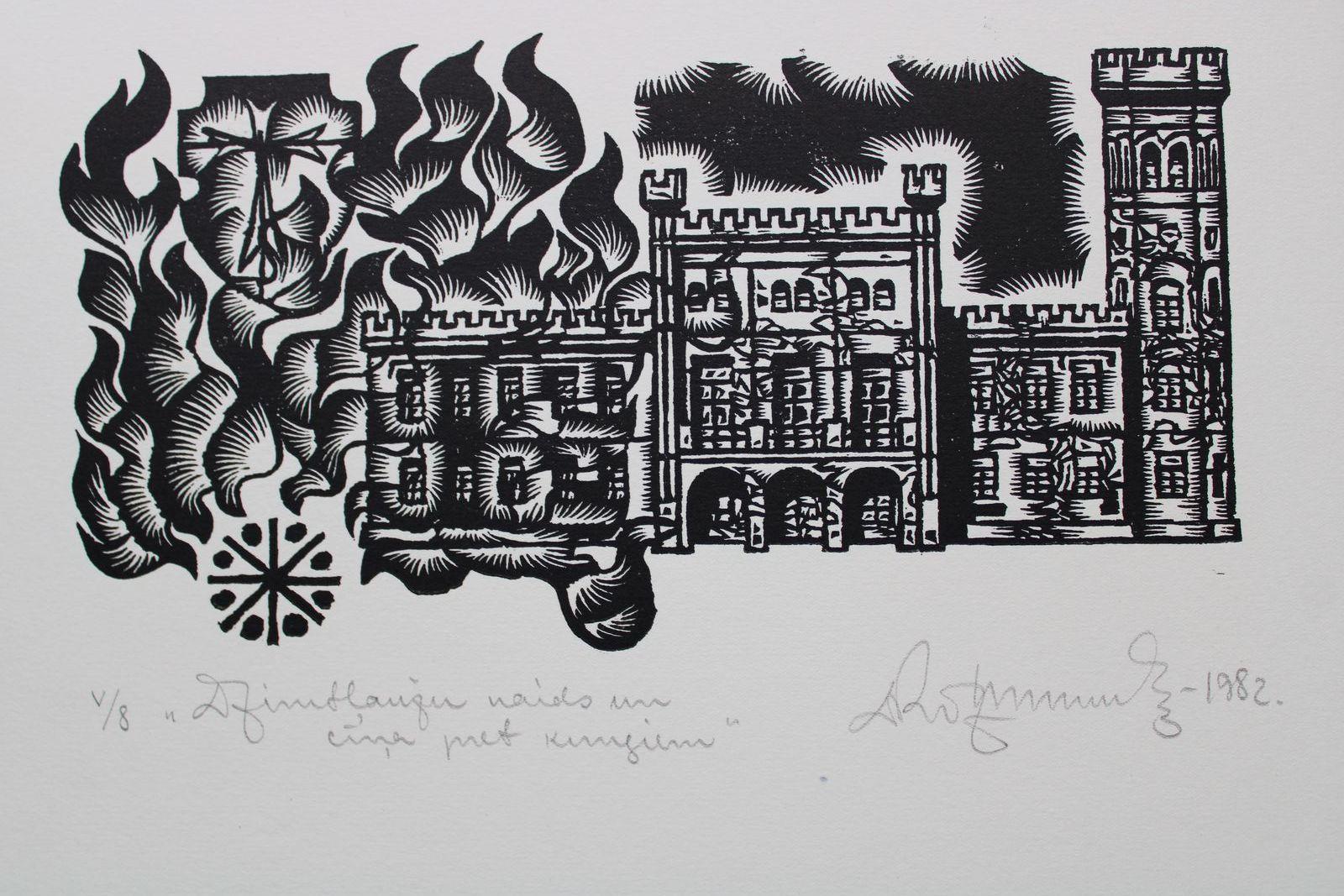 Dainis Rozkalns Print - A fight against the lords. 1982. Paper, linocut, 25x34 cm