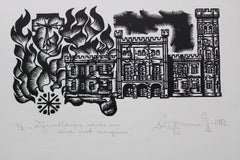 Ein Kampf gegen die Bürgermeister. 1982. Papier, Linolschnitt, 25x34 cm