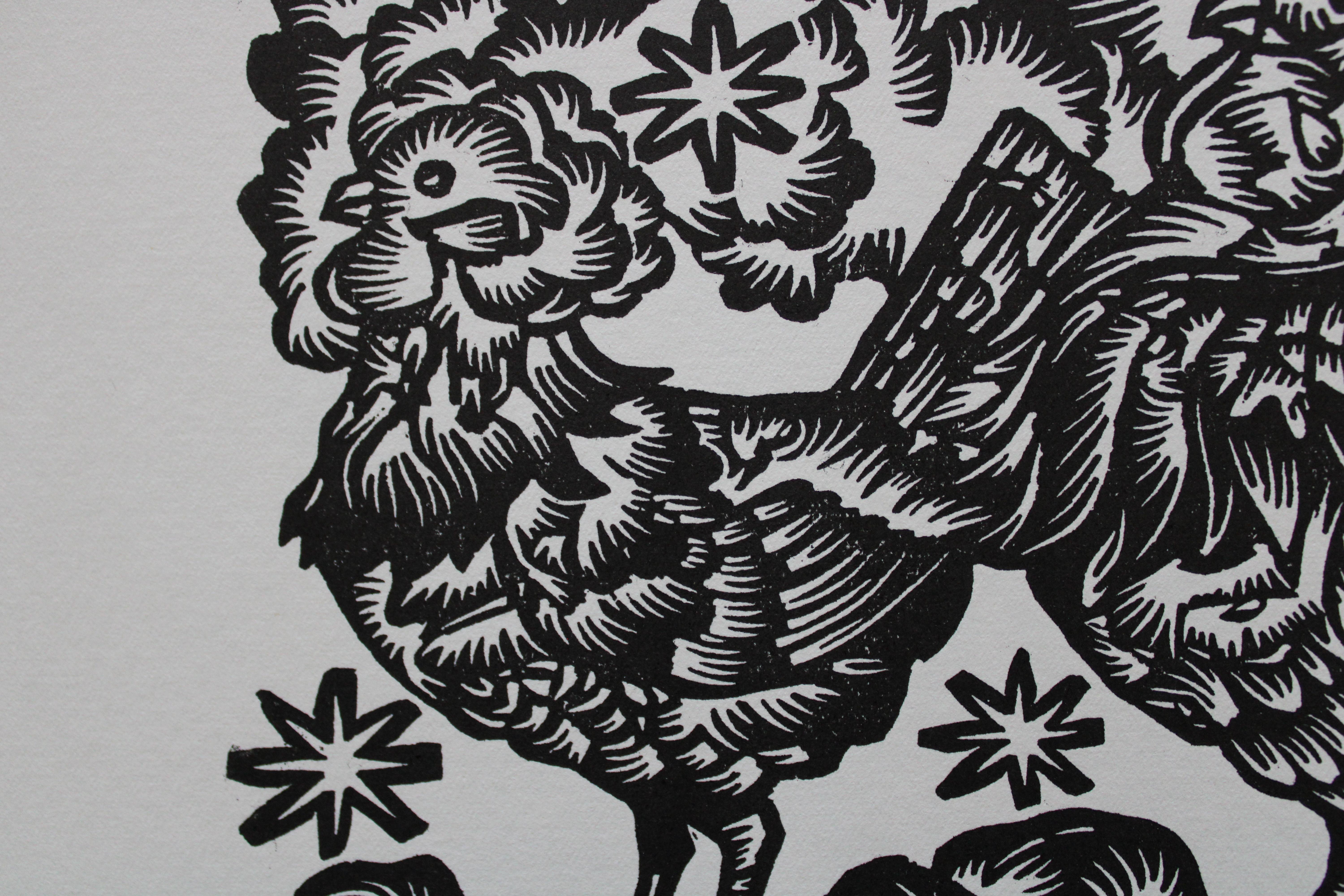 Ein Schwarm von Geflügeln. 1979. Papier, Linolschnitt, 25x34 cm – Print von Dainis Rozkalns
