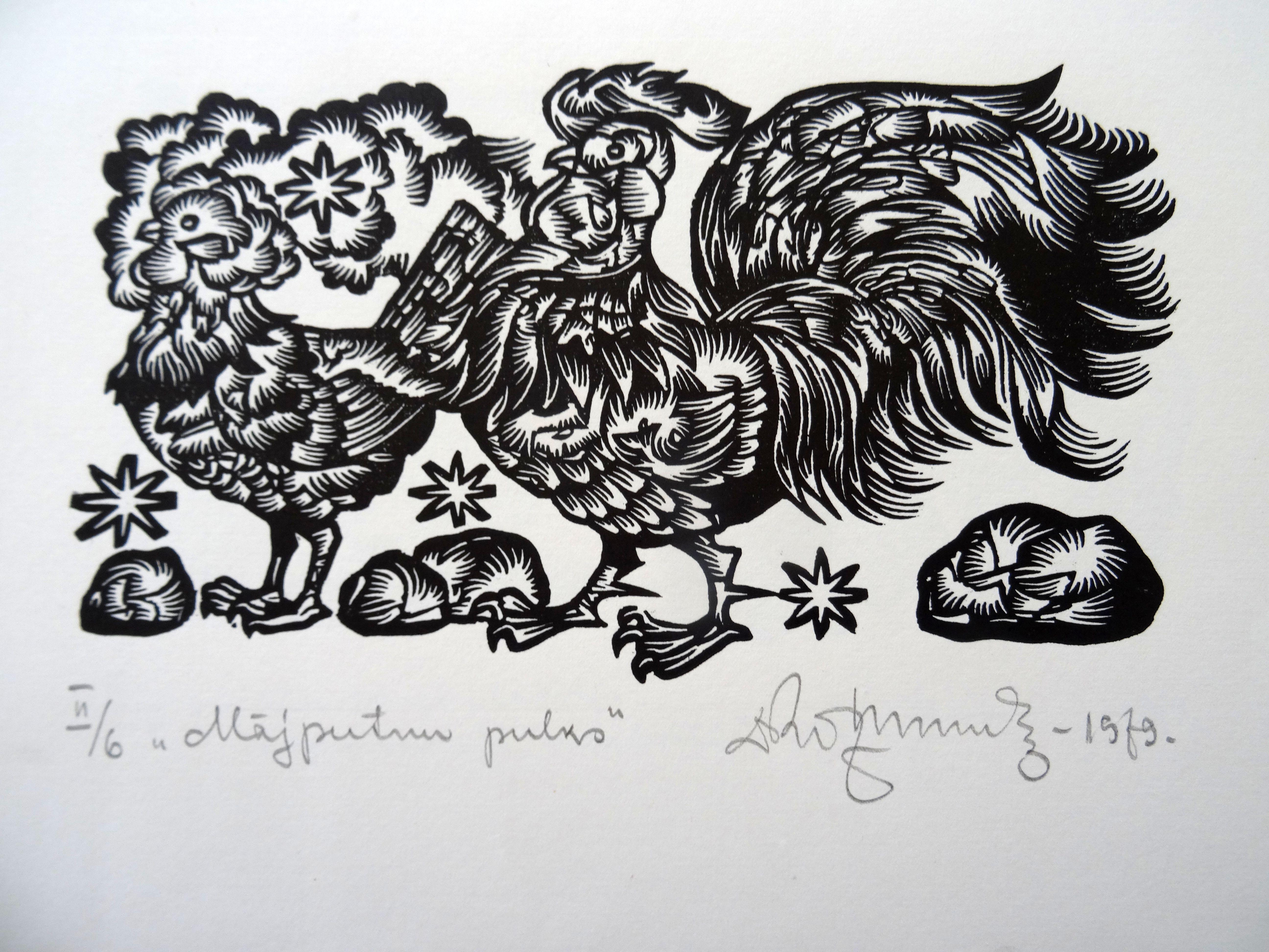 A flock of poultry. 1979. Paper, linocut, 25x34 cm