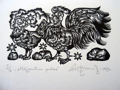 Una bandada de aves de corral. 1979. Papel, linograbado, 25x34 cm
