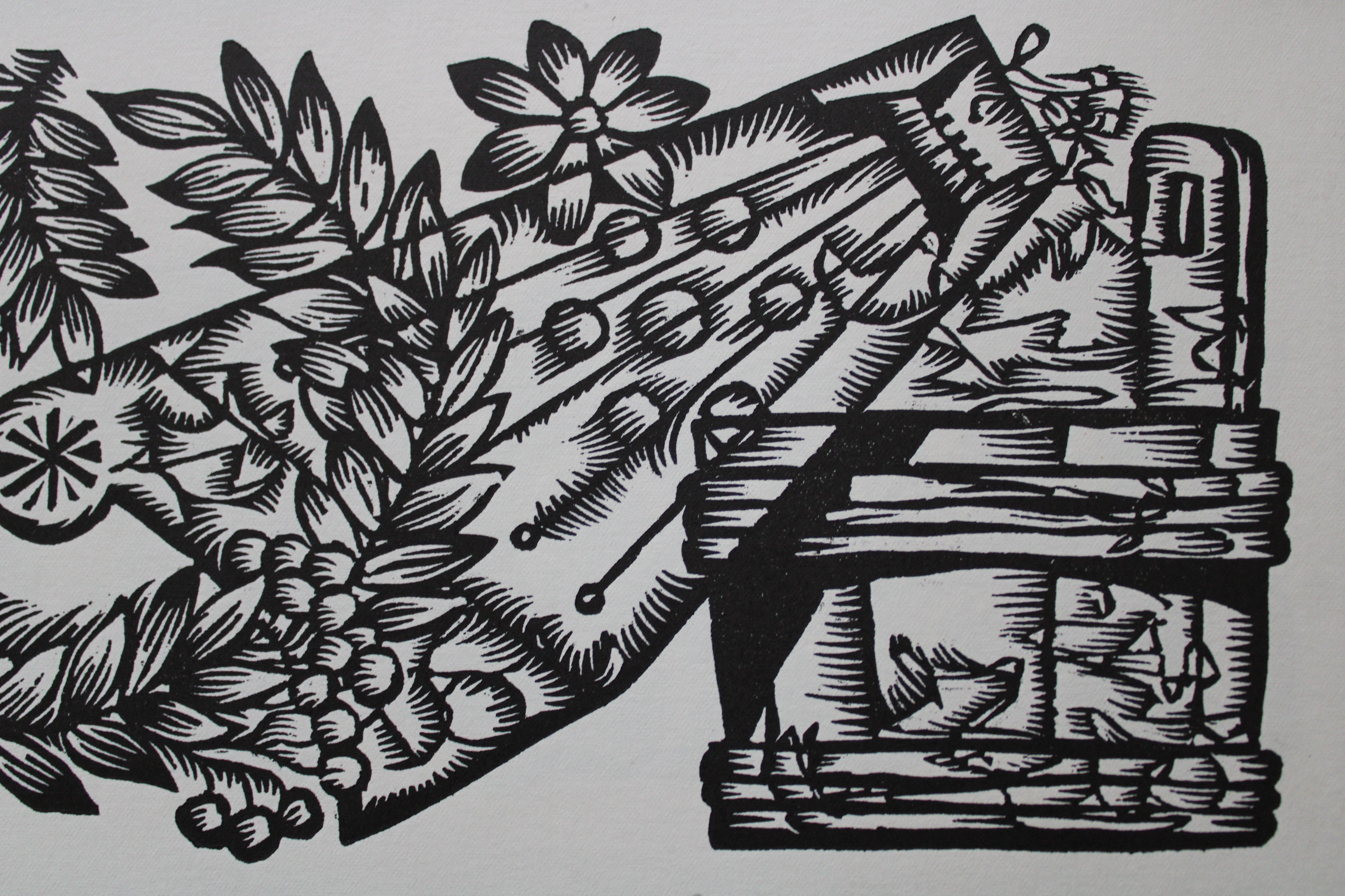 Animal husbandry. 1979. Paper, linocut, 25x34 cm - Gray Print by Dainis Rozkalns