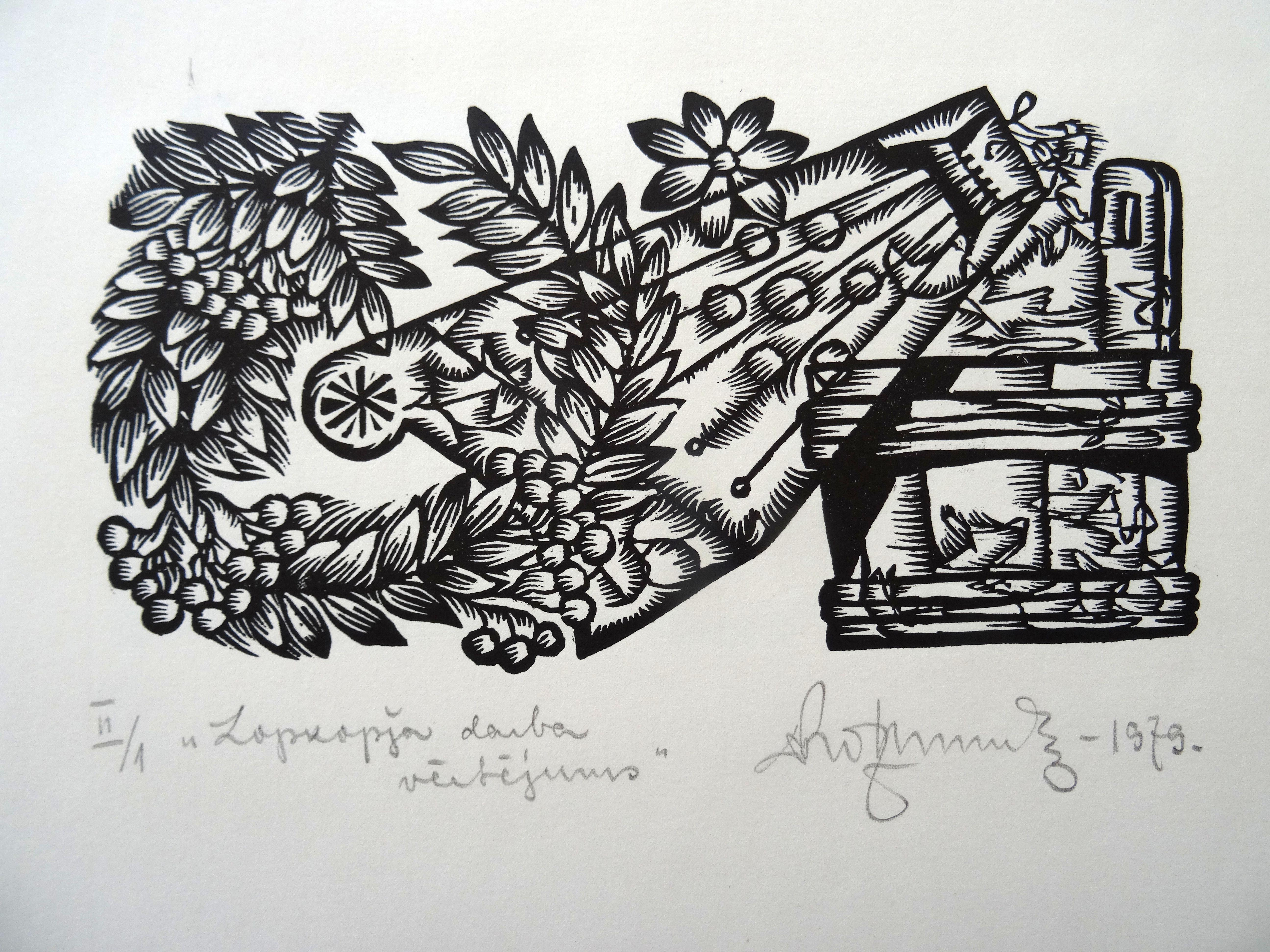 Print Dainis Rozkalns - mariée avec des animaux. 1979. Papier, linogravure, 25 x 34 cm