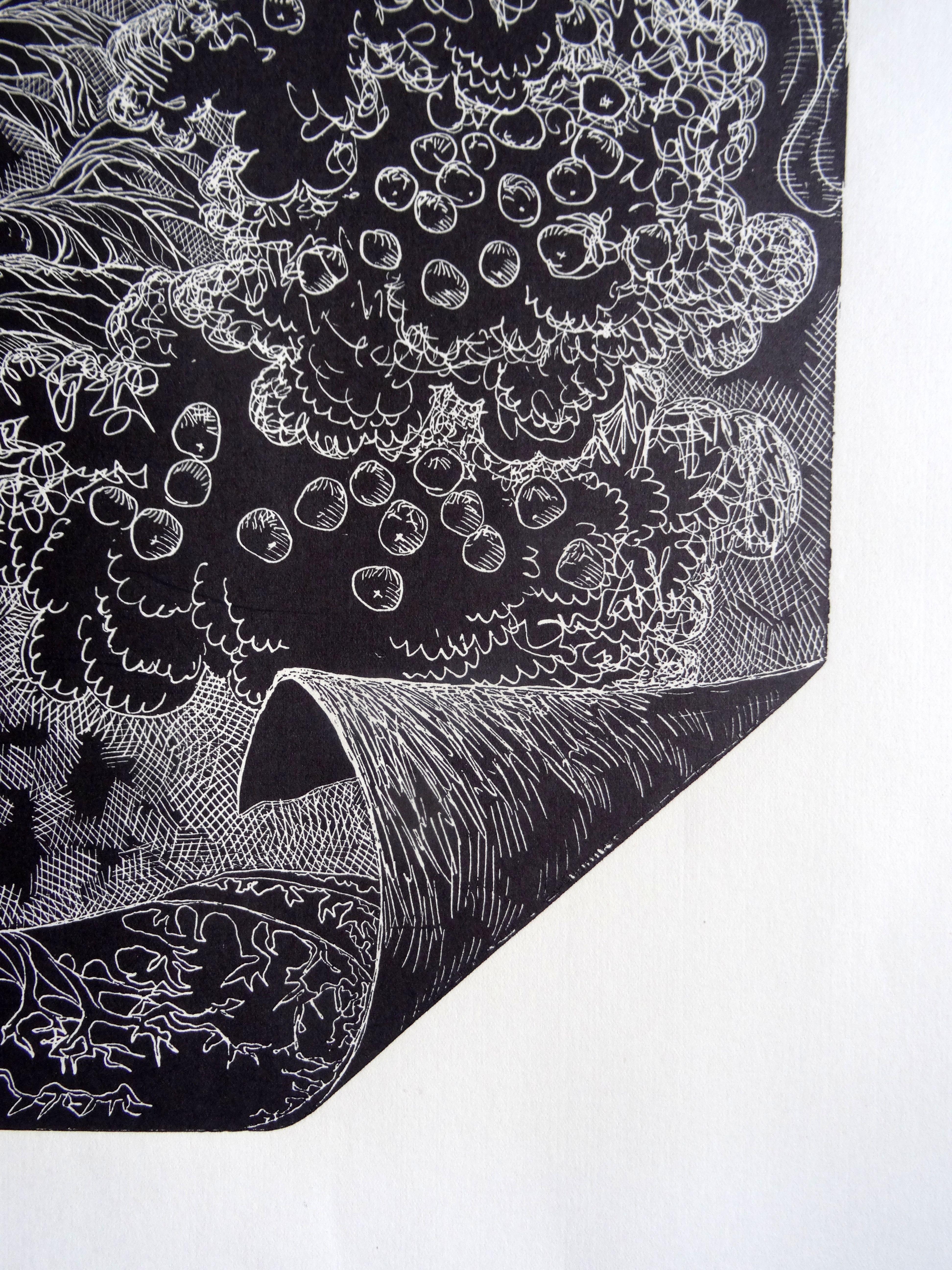L'arbre à pomme. 1976, linogravure, taille de l'impression 65x50 cm ; total 75x60 cm - Noir Still-Life Print par Dainis Rozkalns