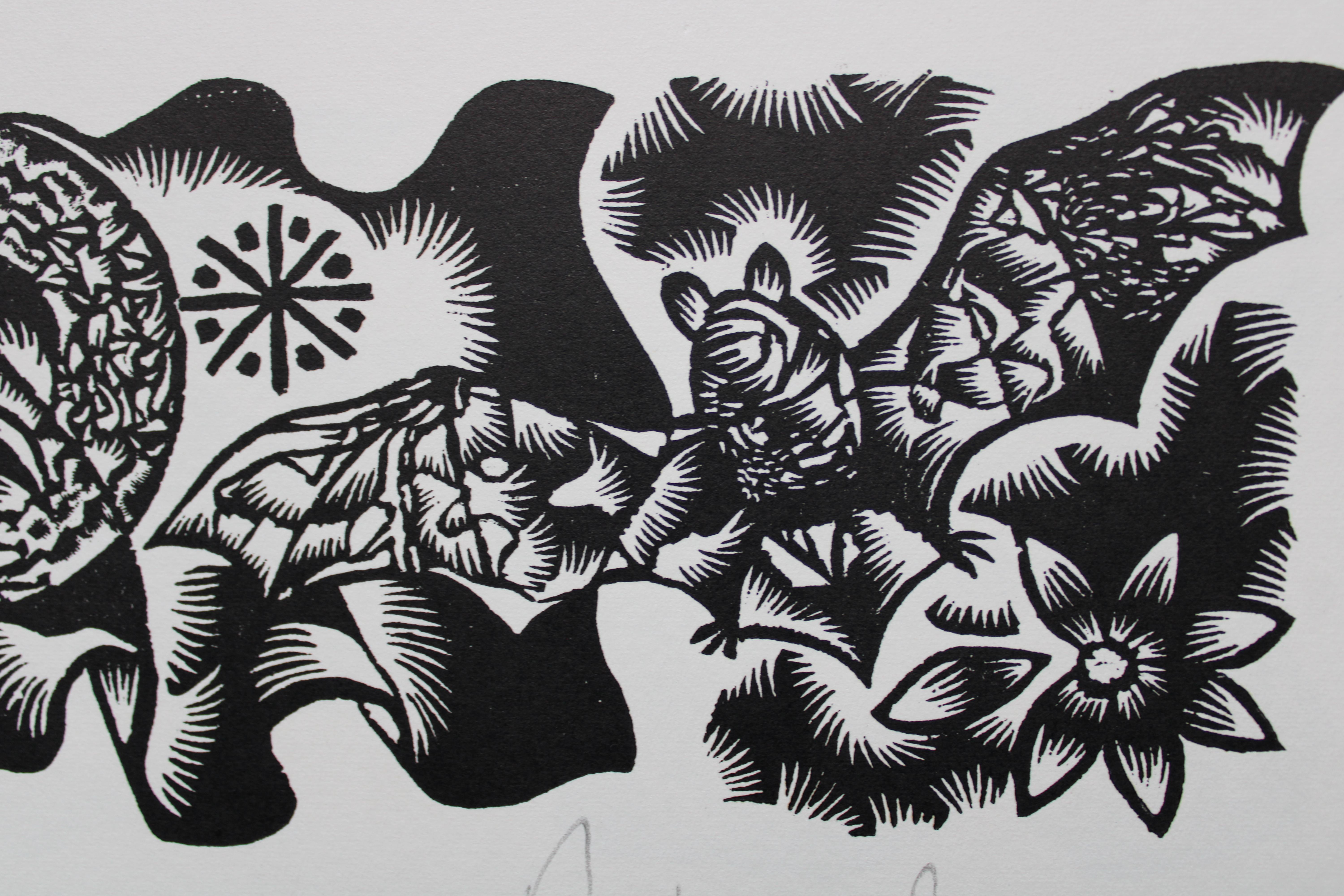 Arbitrarität des Meisters. 1982. Papier, Linolschnitt, 20x34 cm – Print von Dainis Rozkalns