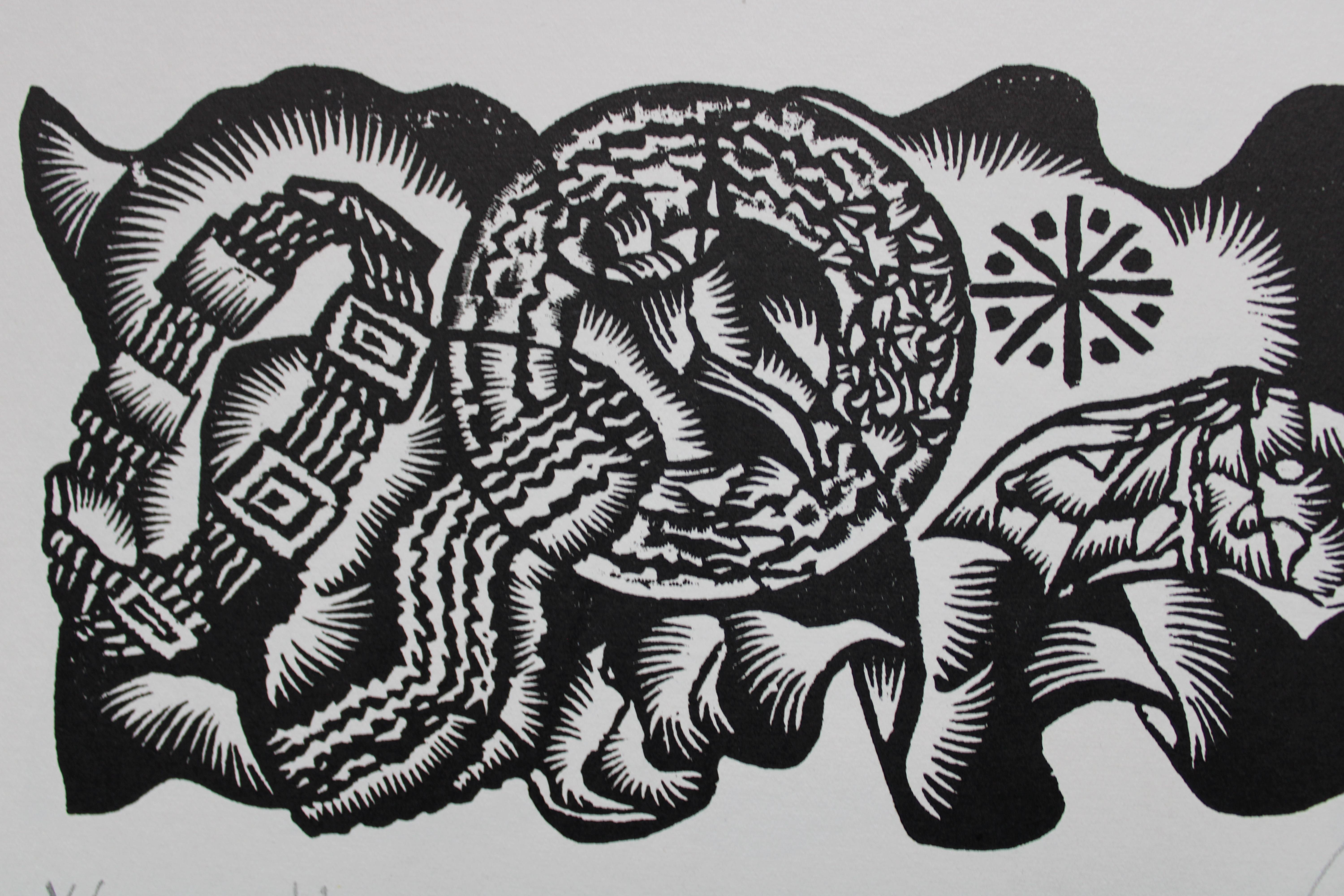 Arbitrarität des Meisters. 1982. Papier, Linolschnitt, 20x34 cm (Volkskunst), Print, von Dainis Rozkalns