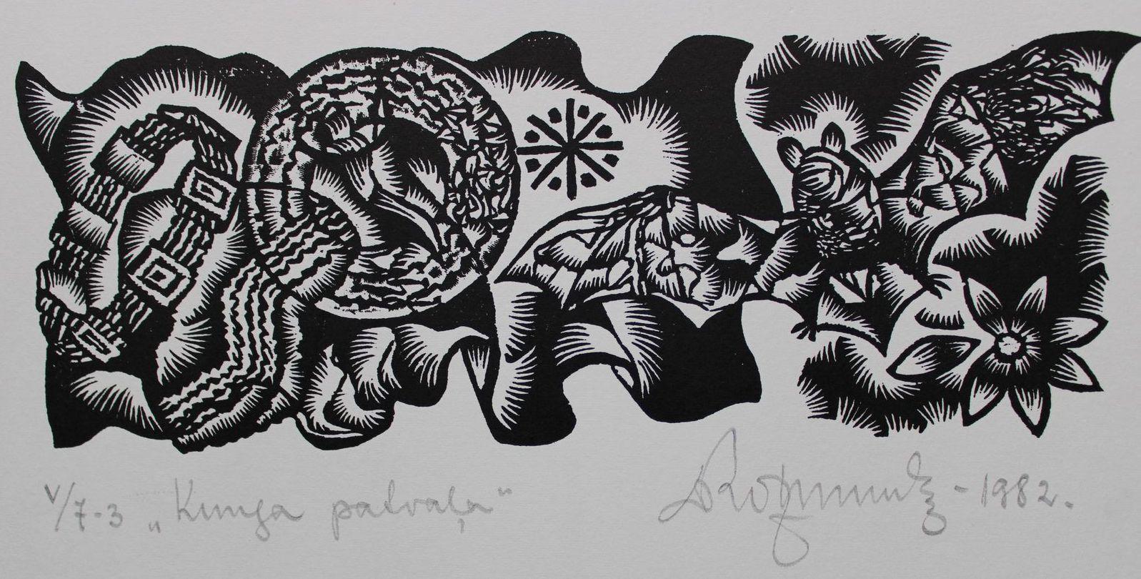 Dainis Rozkalns Animal Print – Arbitrarität des Meisters. 1982. Papier, Linolschnitt, 20x34 cm