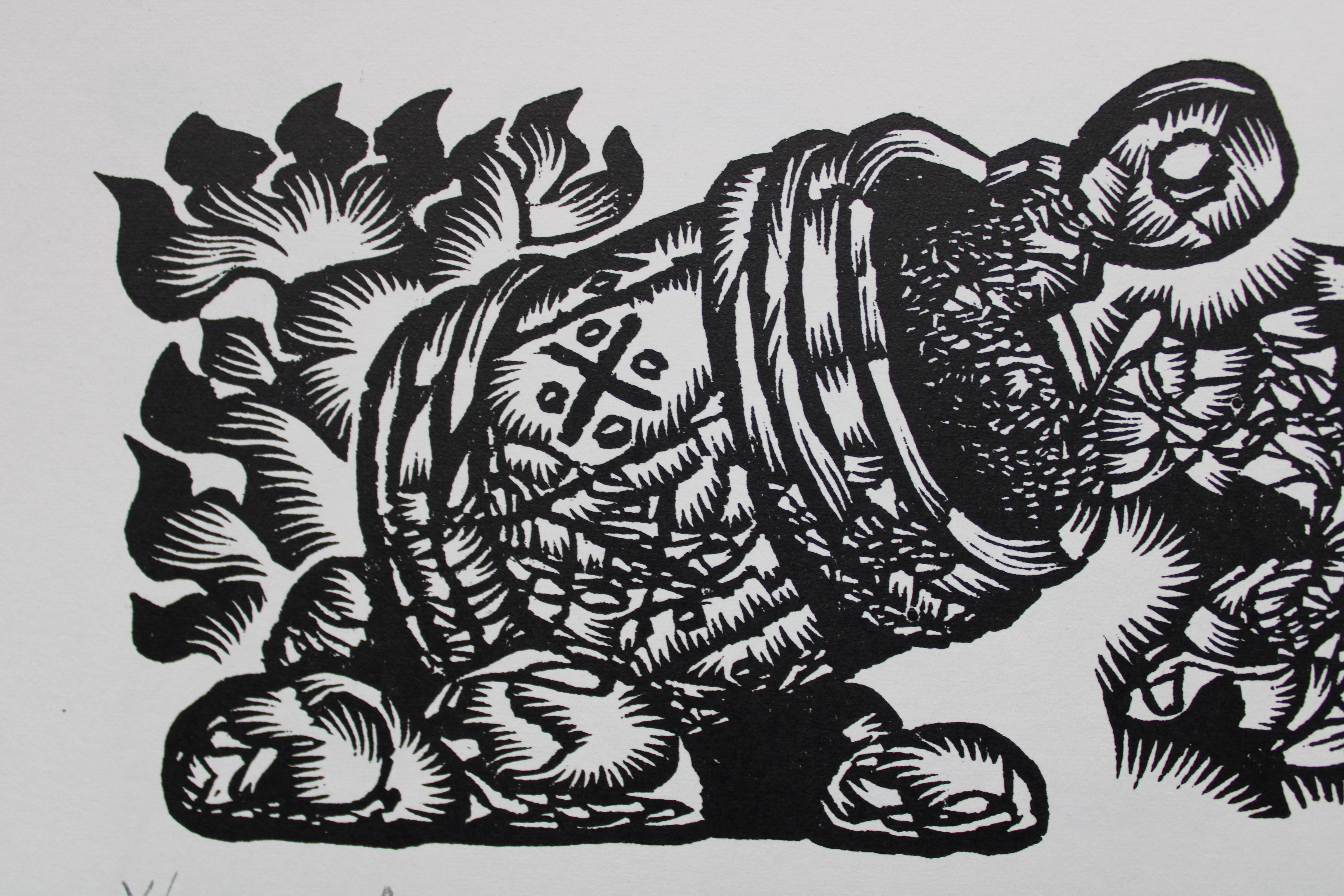 Barrel. 1982. Papier, Linolschnitt, 20x34 cm – Print von Dainis Rozkalns