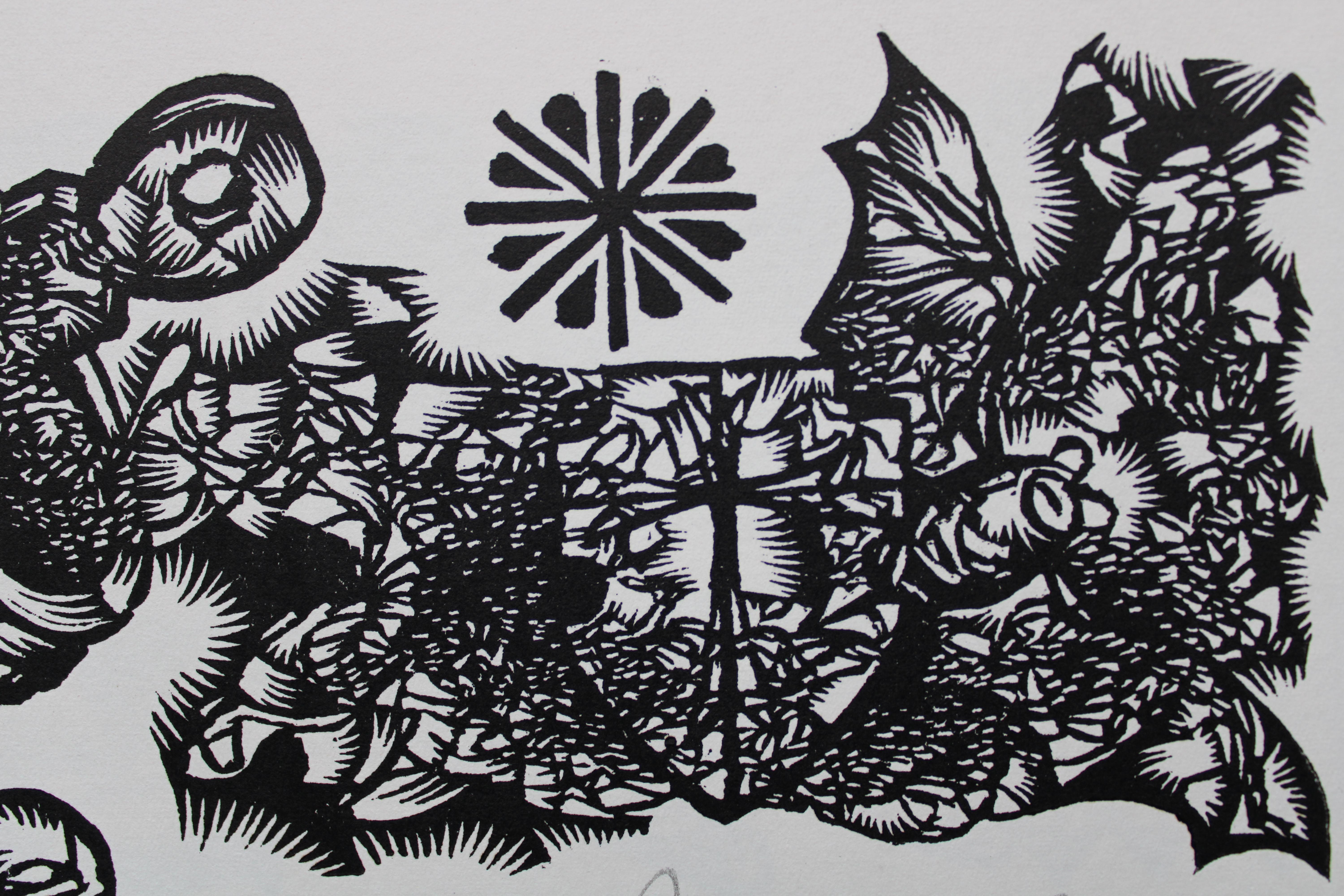Barrel. 1982. Paper, linocut, 20x34 cm - Folk Art Print by Dainis Rozkalns