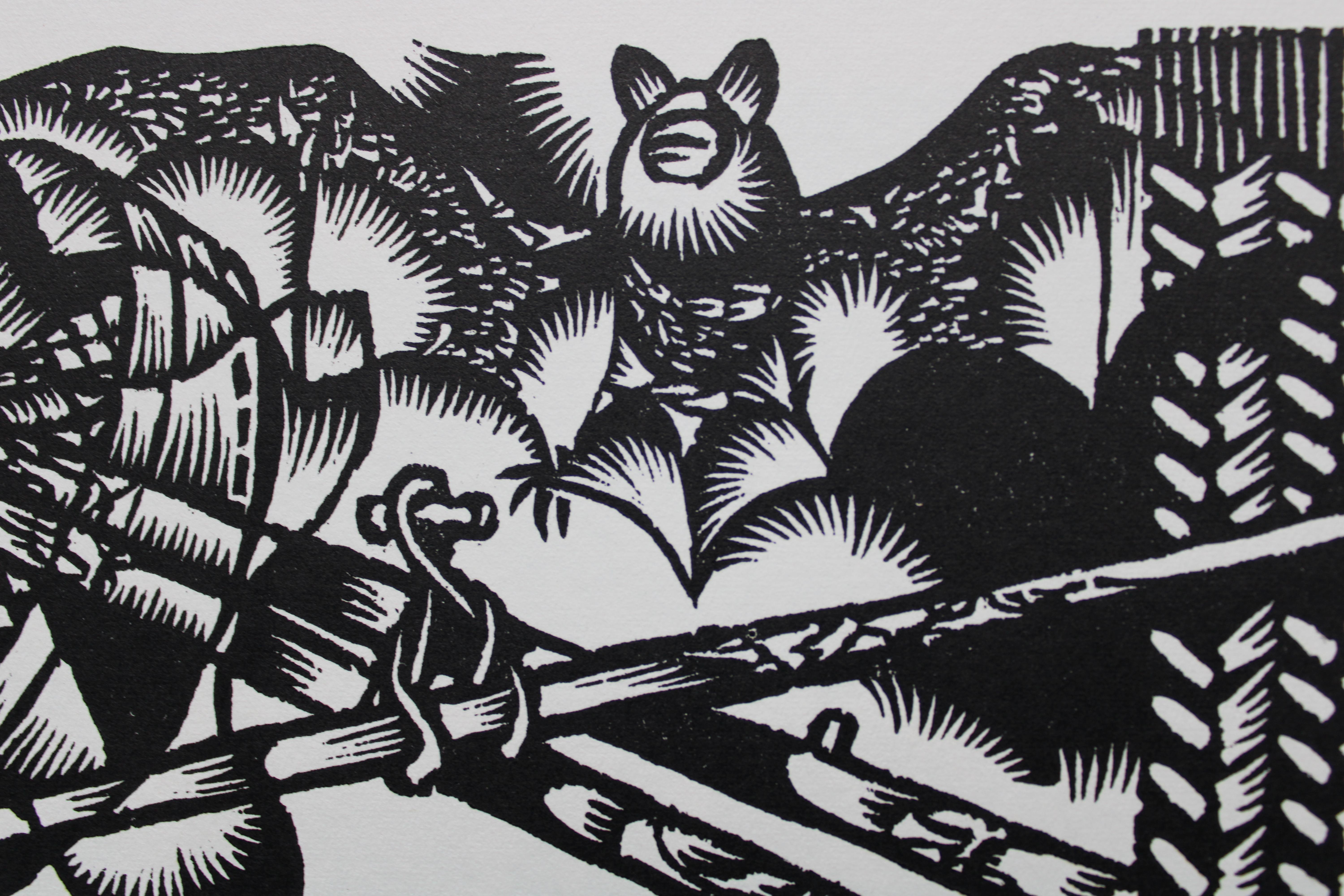 Bat and tools. 1982. Paper, linocut, 20x34 cm - Print by Dainis Rozkalns