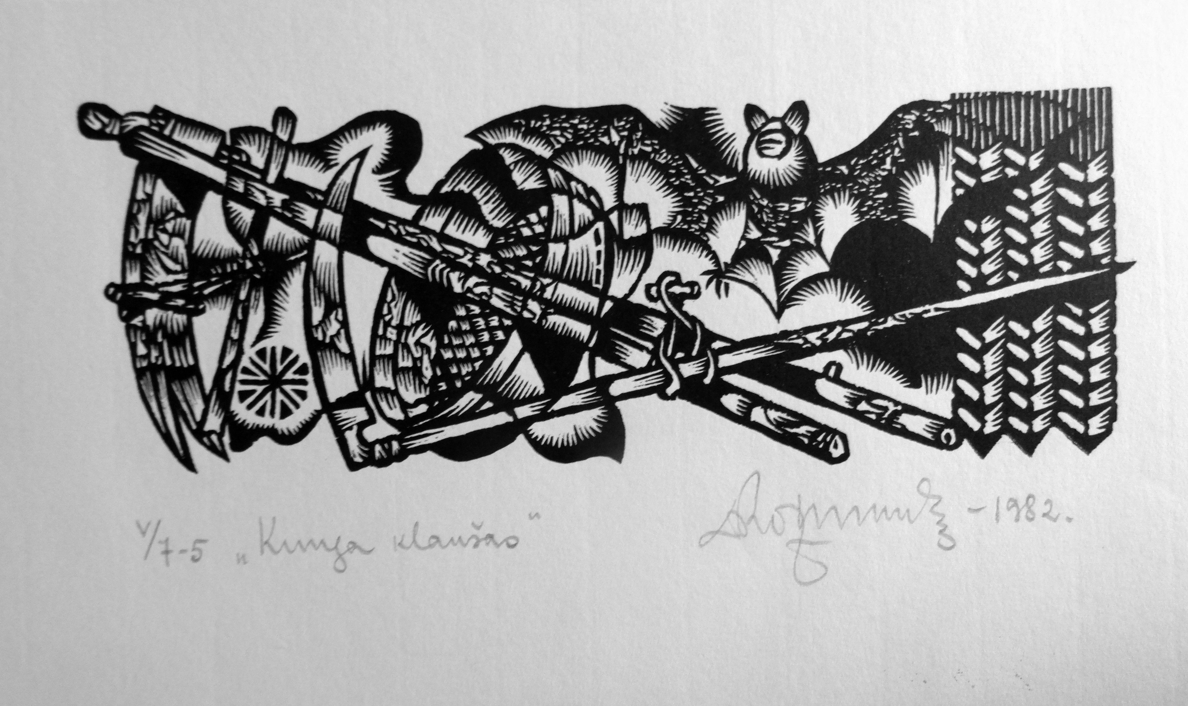 Dainis Rozkalns Print - Bat and tools. 1982. Paper, linocut, 20x34 cm