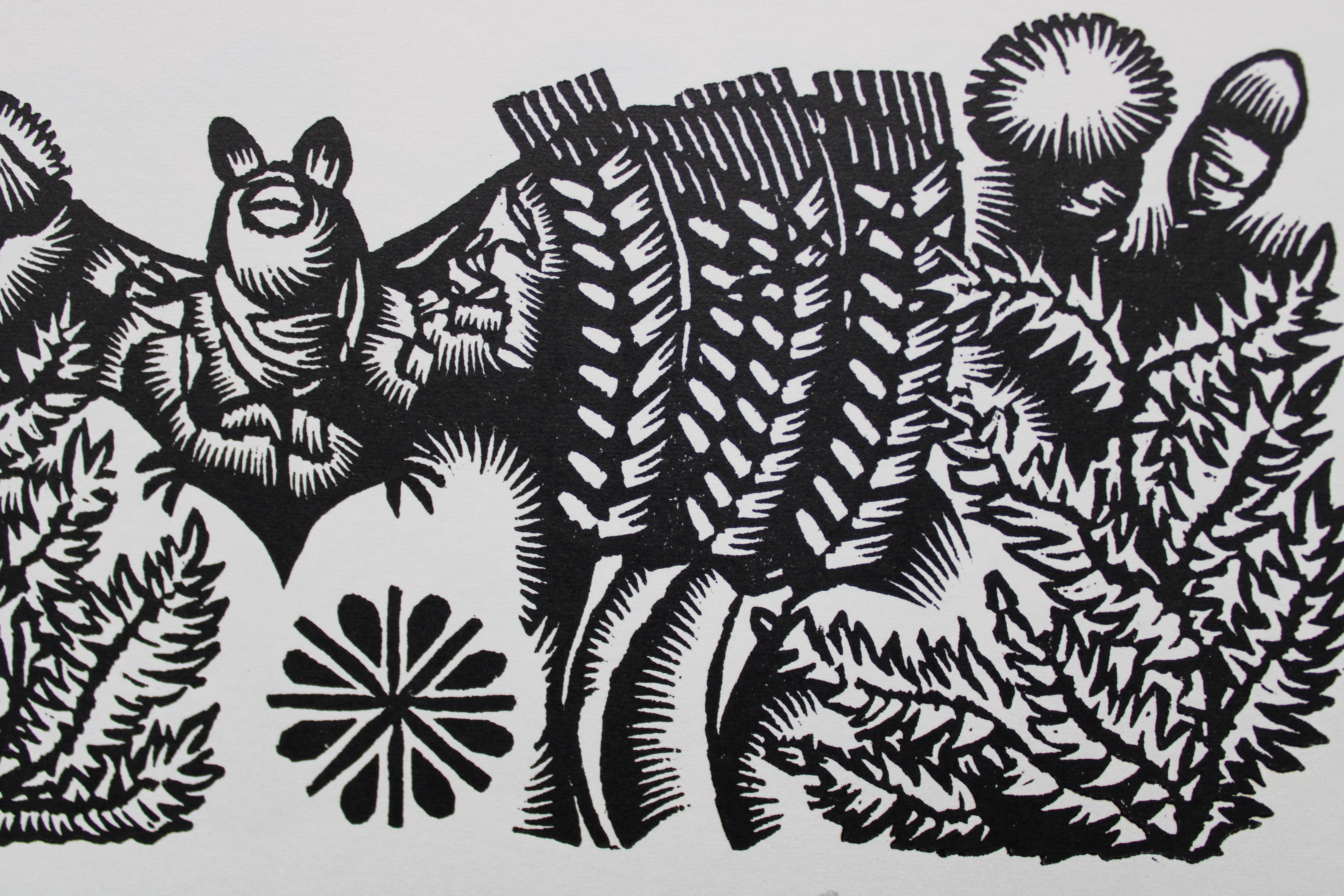 Bat in the meadow. 1982. Paper, linocut, 20x34 cm - Print by Dainis Rozkalns
