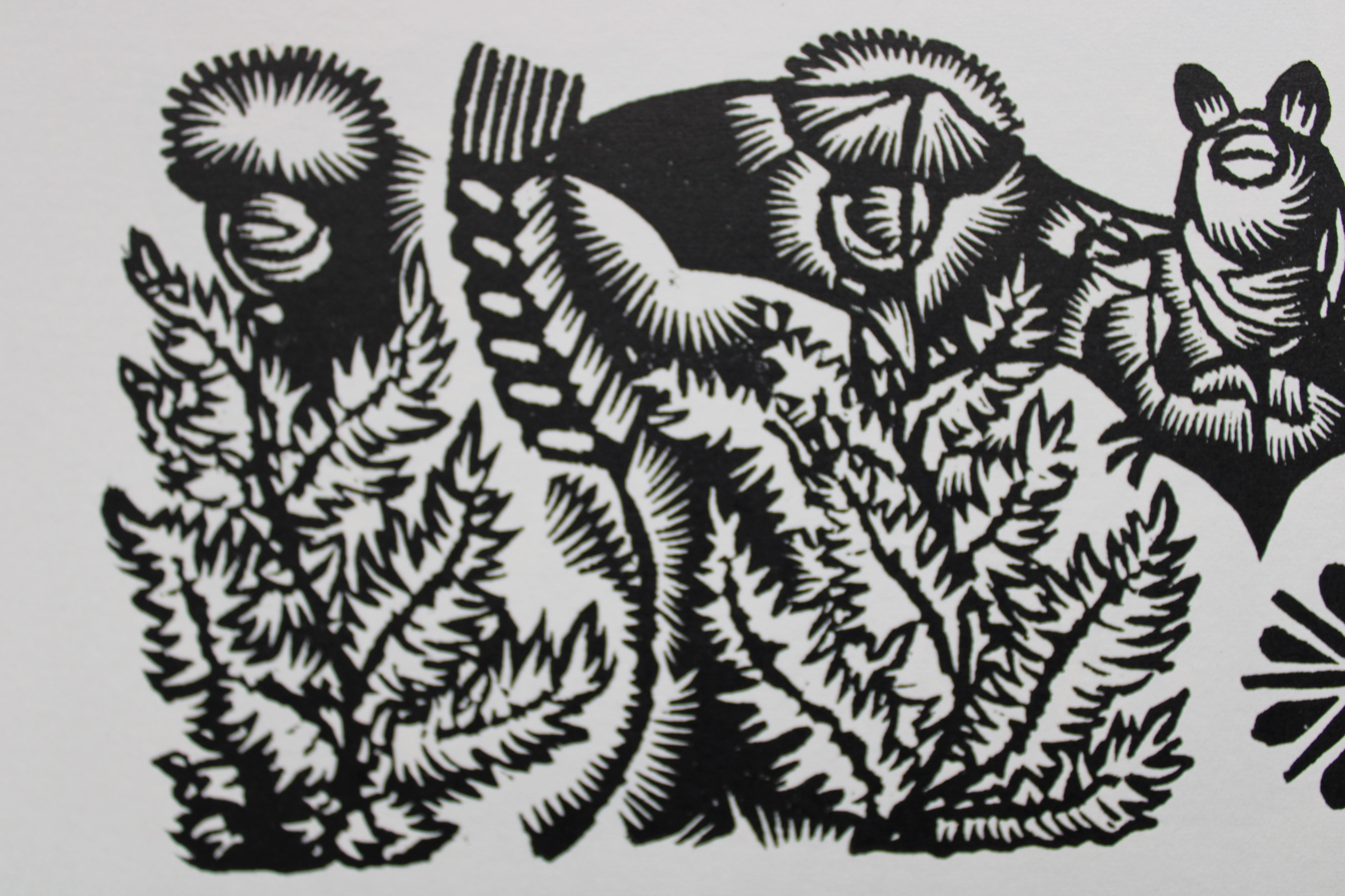 Bat in the meadow. 1982. Paper, linocut, 20x34 cm - Folk Art Print by Dainis Rozkalns