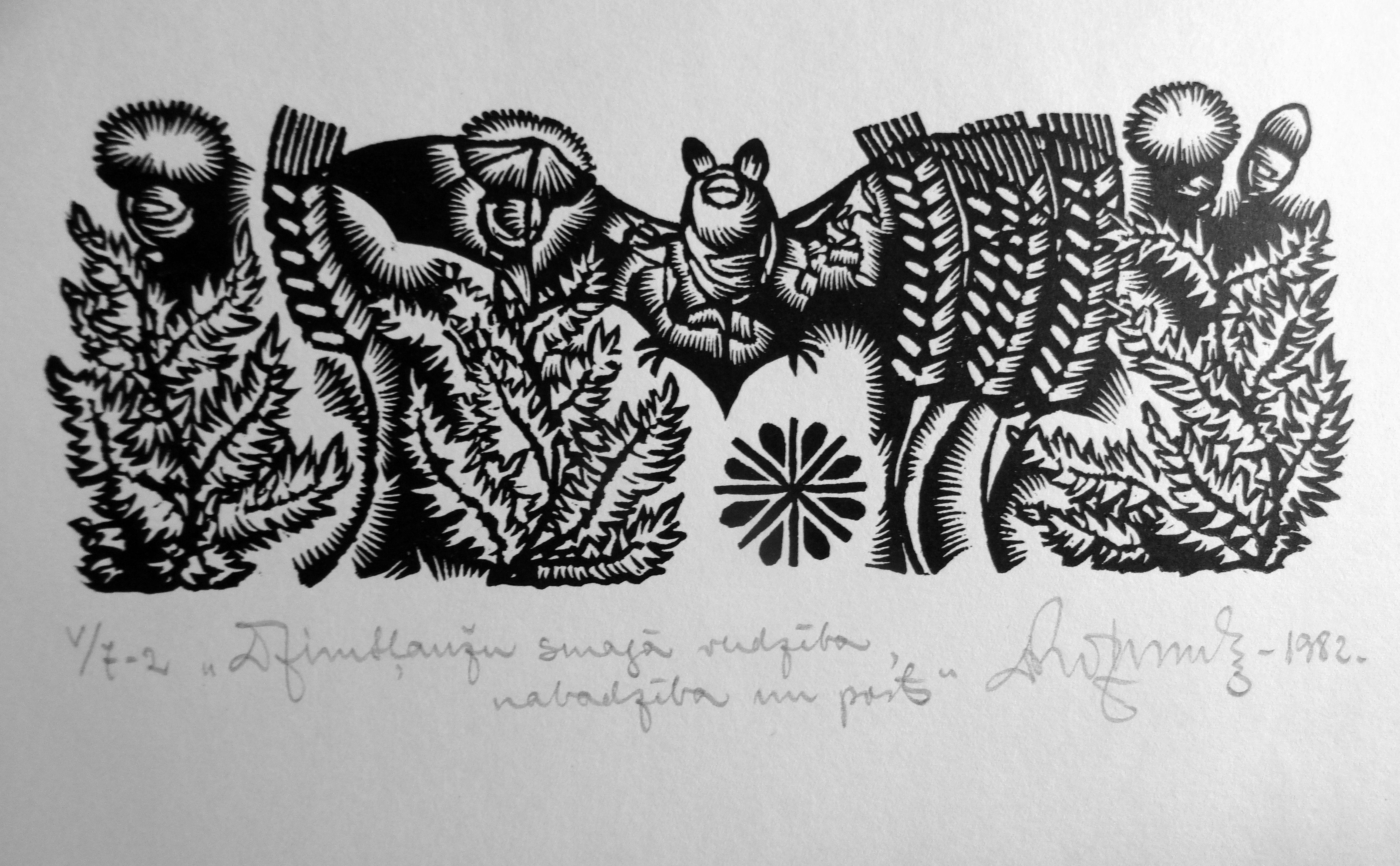 Print Dainis Rozkalns - Chauve-souris dans la prairie. 1982. Papier, linogravure, 20 x 34 cm