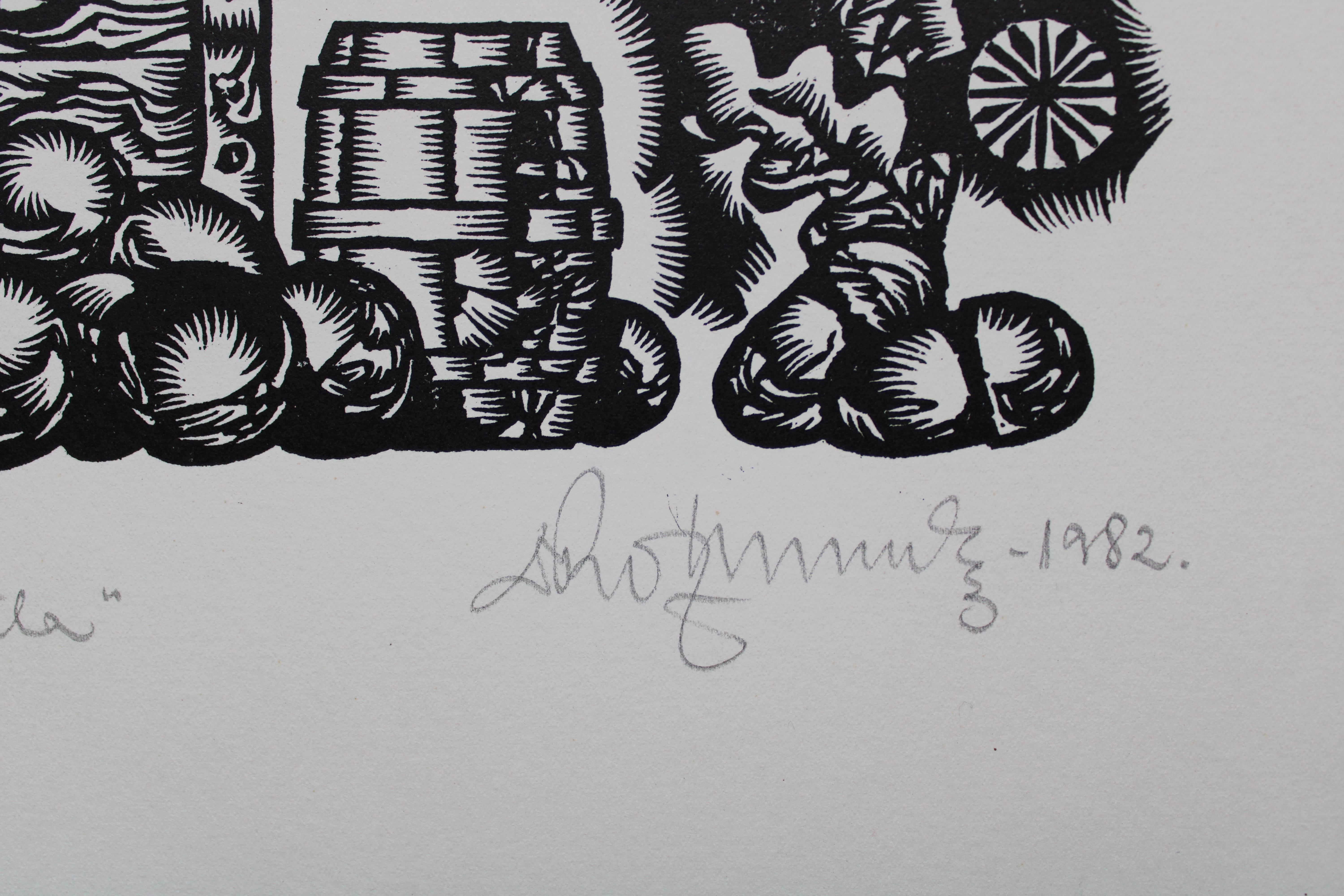 Batalla. 1982. Papel, linograbado, 25x34 cm - Print de Dainis Rozkalns