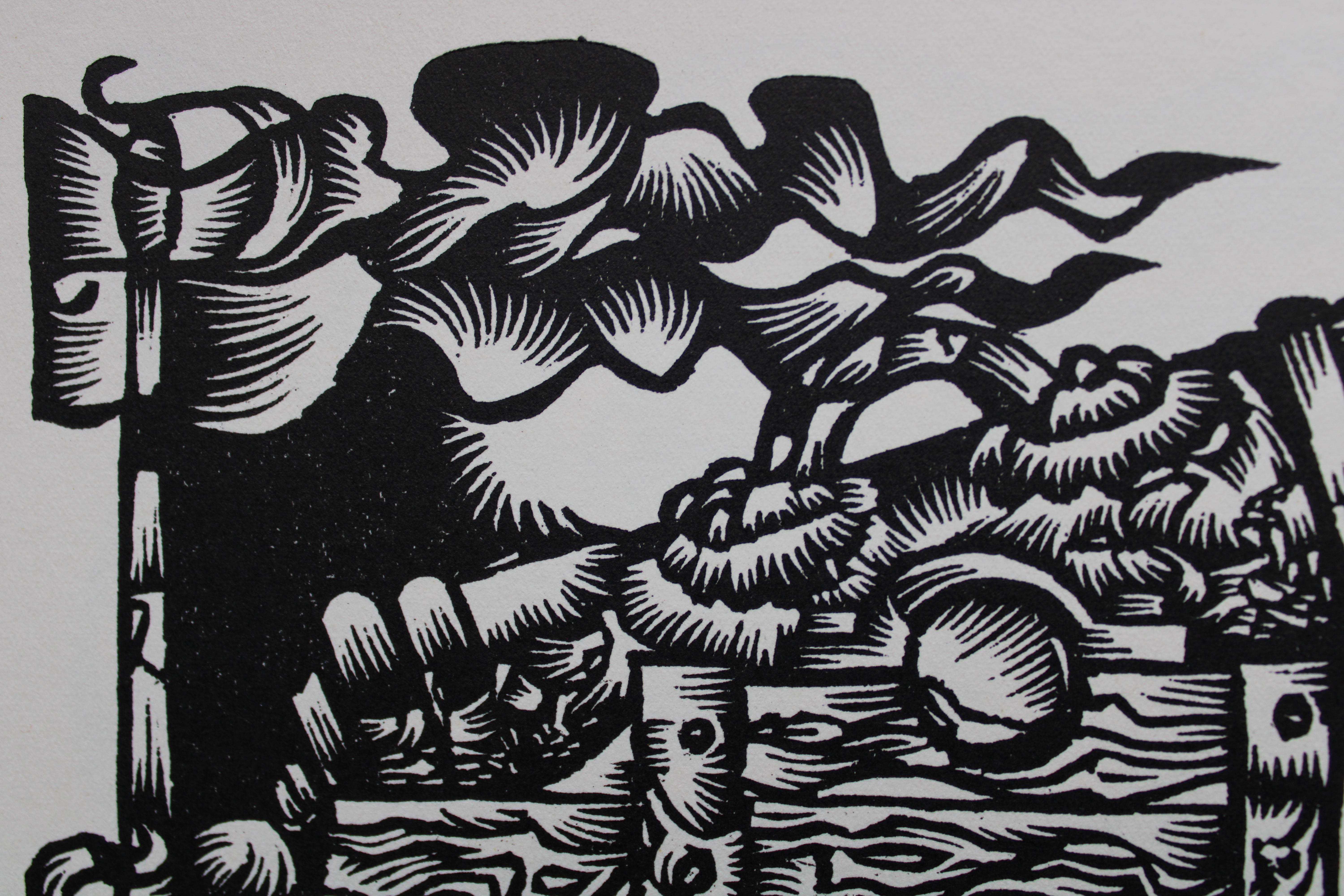 Batalla. 1982. Papel, linograbado, 25x34 cm - Landscape Print Gris de Dainis Rozkalns