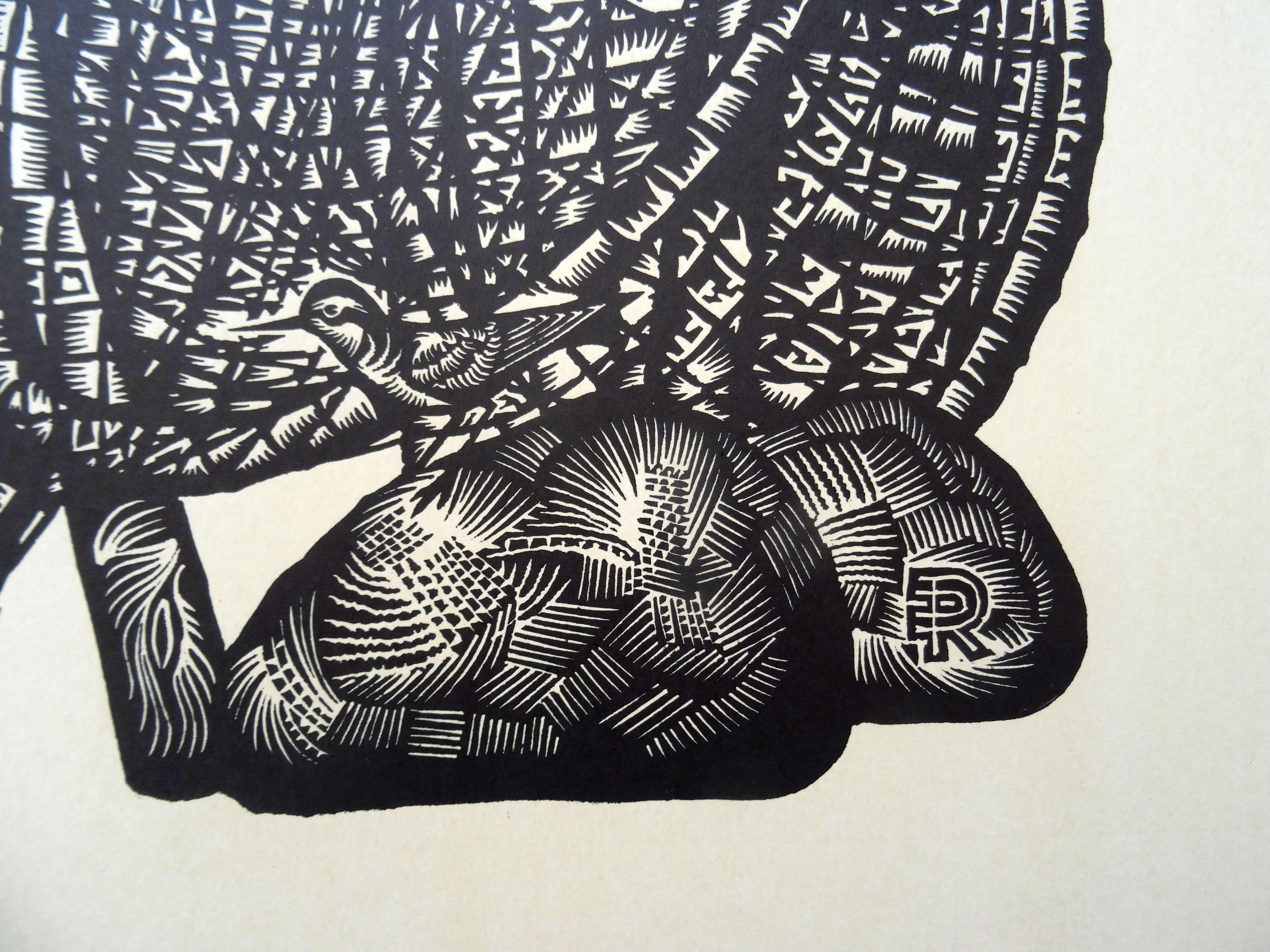 Bird green sandpiper. 1976., Paper, linocut, 80x65 cm - Print by Dainis Rozkalns
