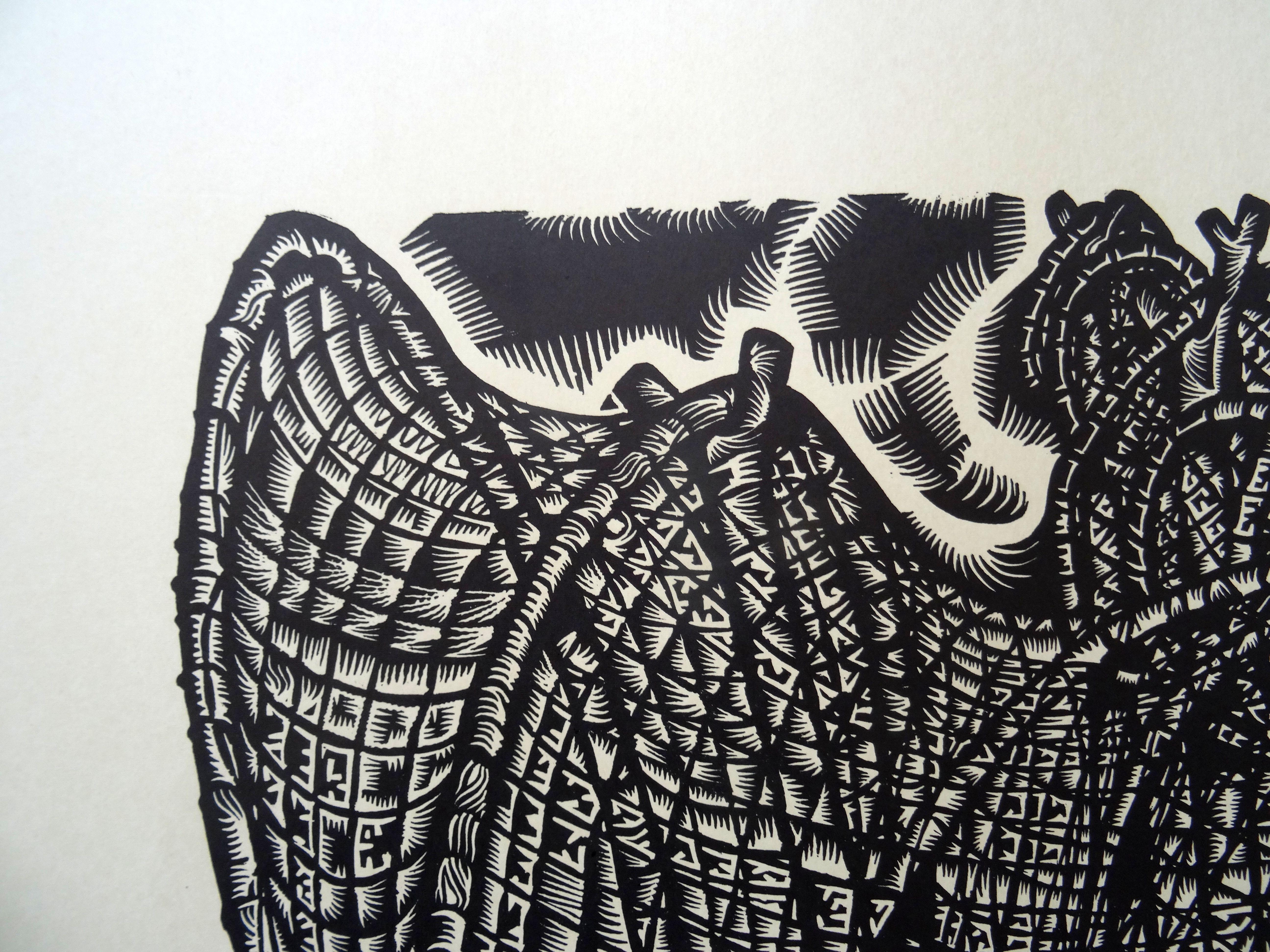 Pájaro playero verde. 1976, Papel, linograbado, 80x65 cm - Print Geométrico abstracto de Dainis Rozkalns