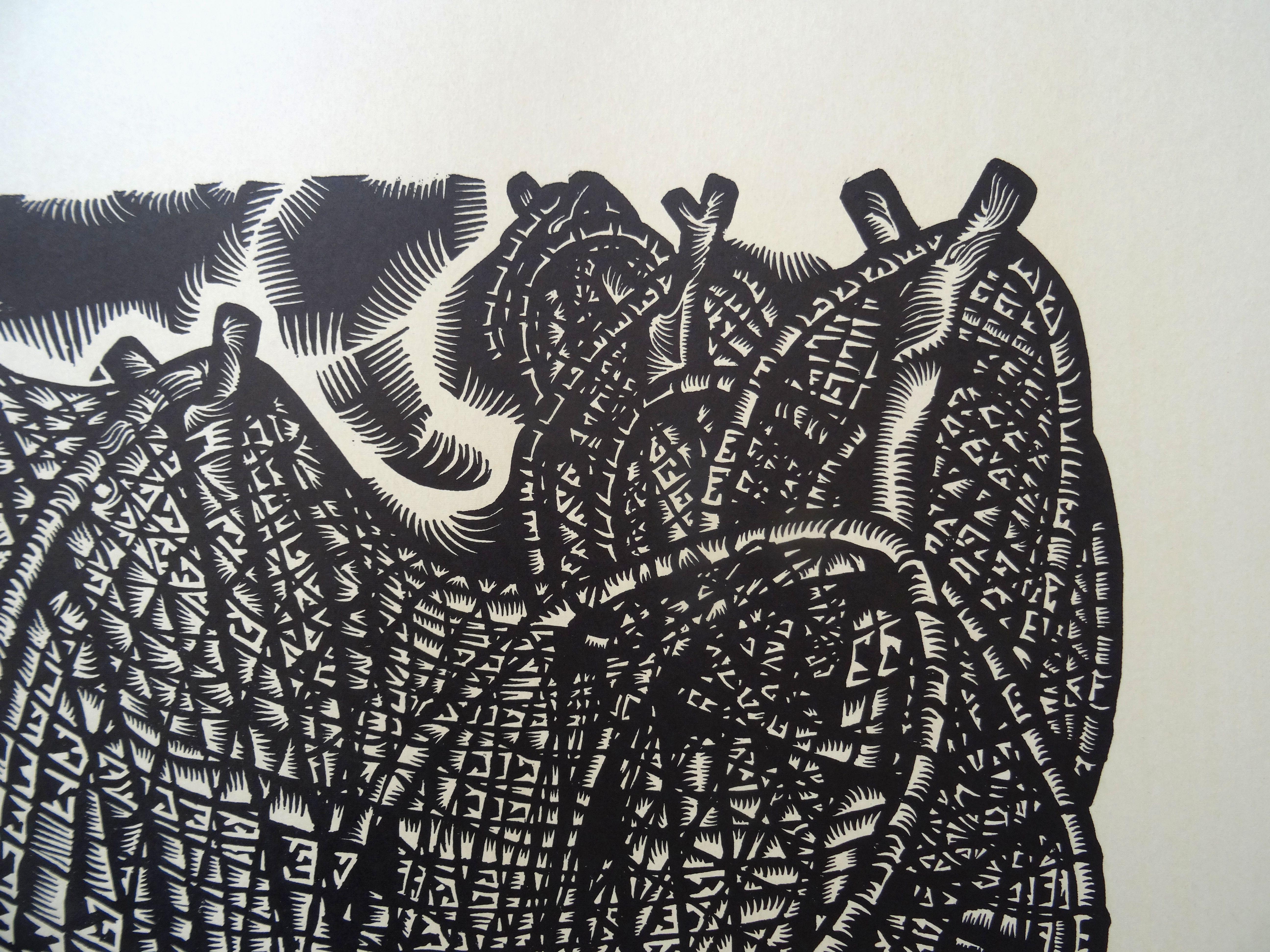 Bird green sandpiper. 1976., Paper, linocut, 80x65 cm - Abstract Geometric Print by Dainis Rozkalns