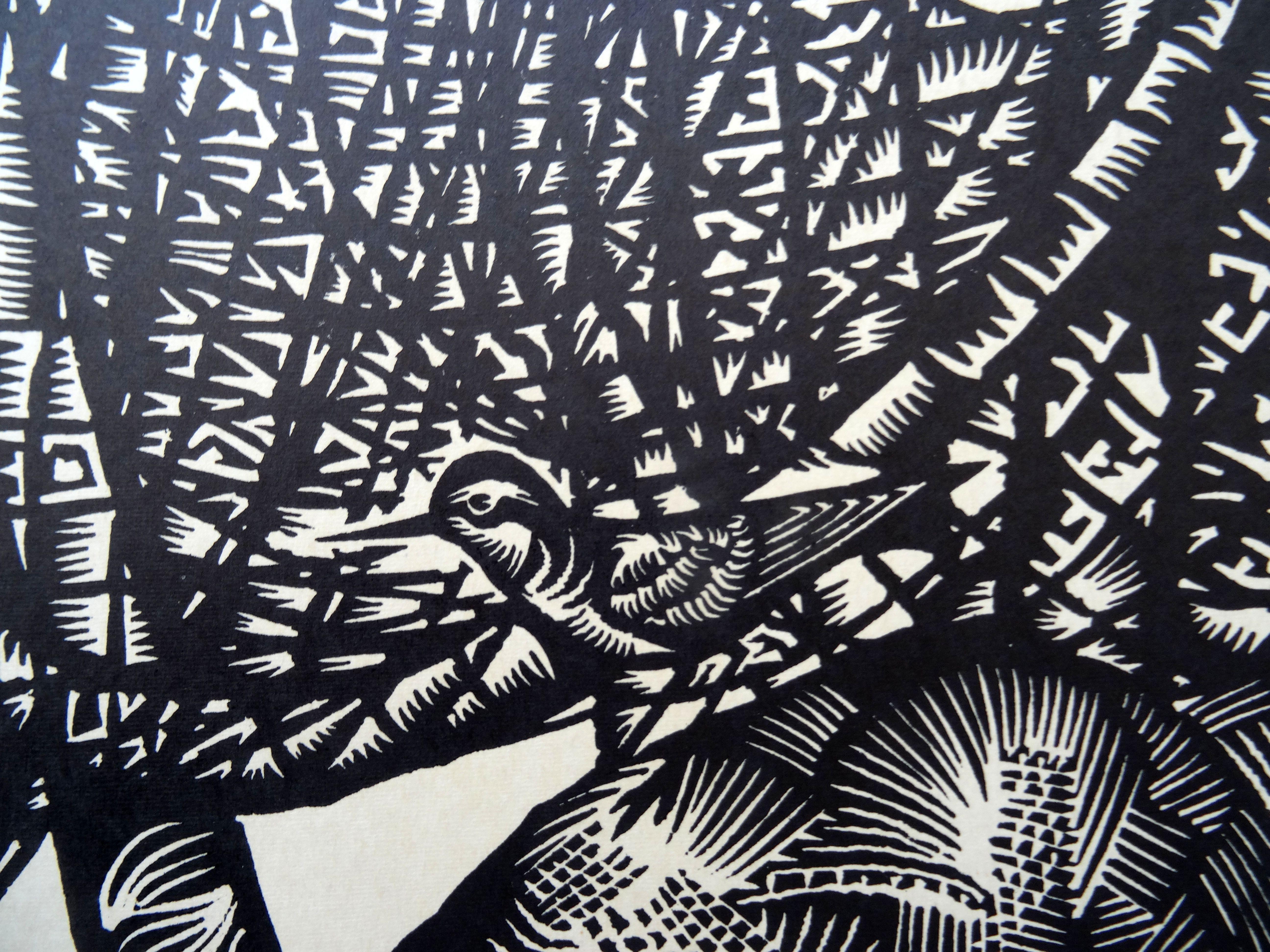 Bird green sandpiper. 1976., Paper, linocut, 80x65 cm - Gray Abstract Print by Dainis Rozkalns
