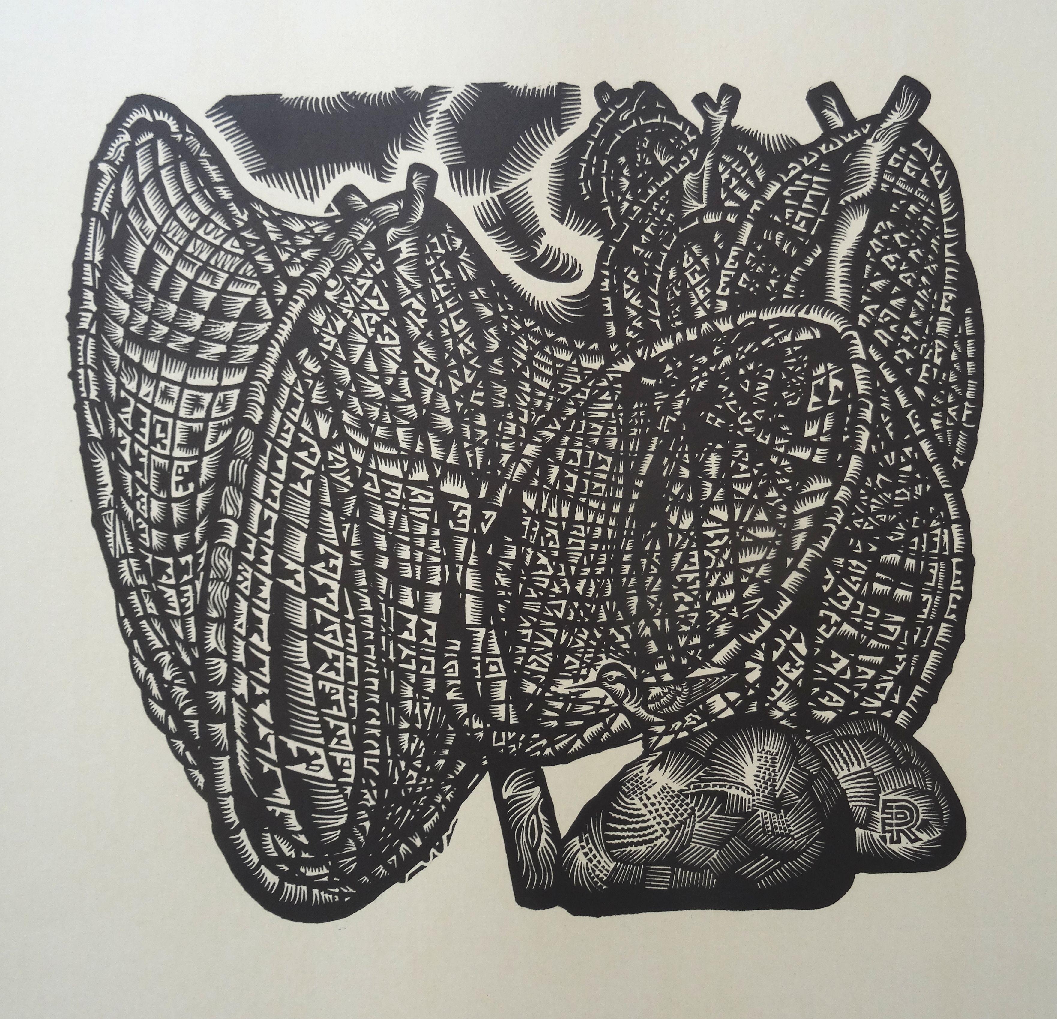 Piège à sable vert oiseau. 1976, papier, linogravure, 80 x65 cm