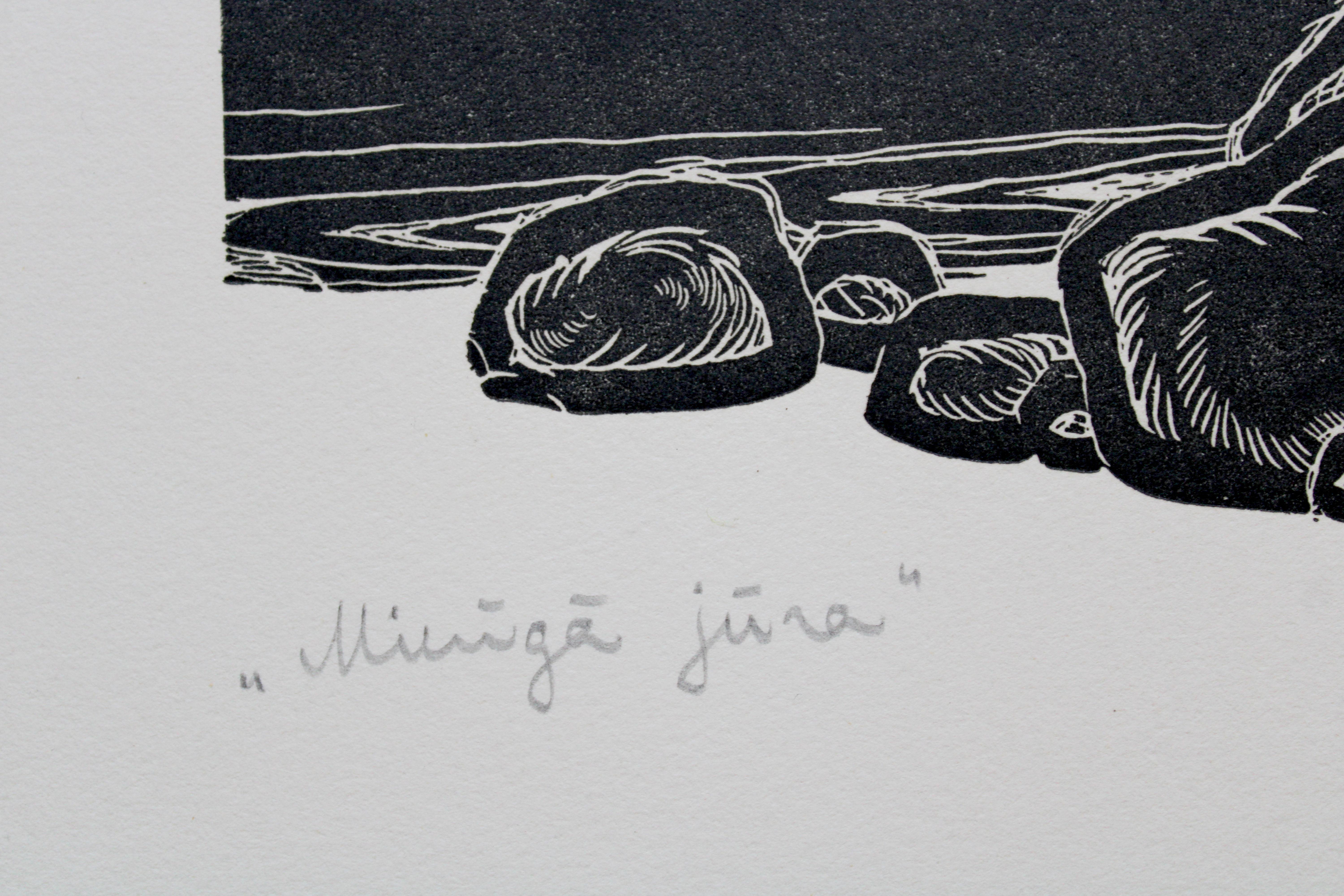 Calm sea. Paper, linocut, 26, 5x32 cm - Print by Dainis Rozkalns