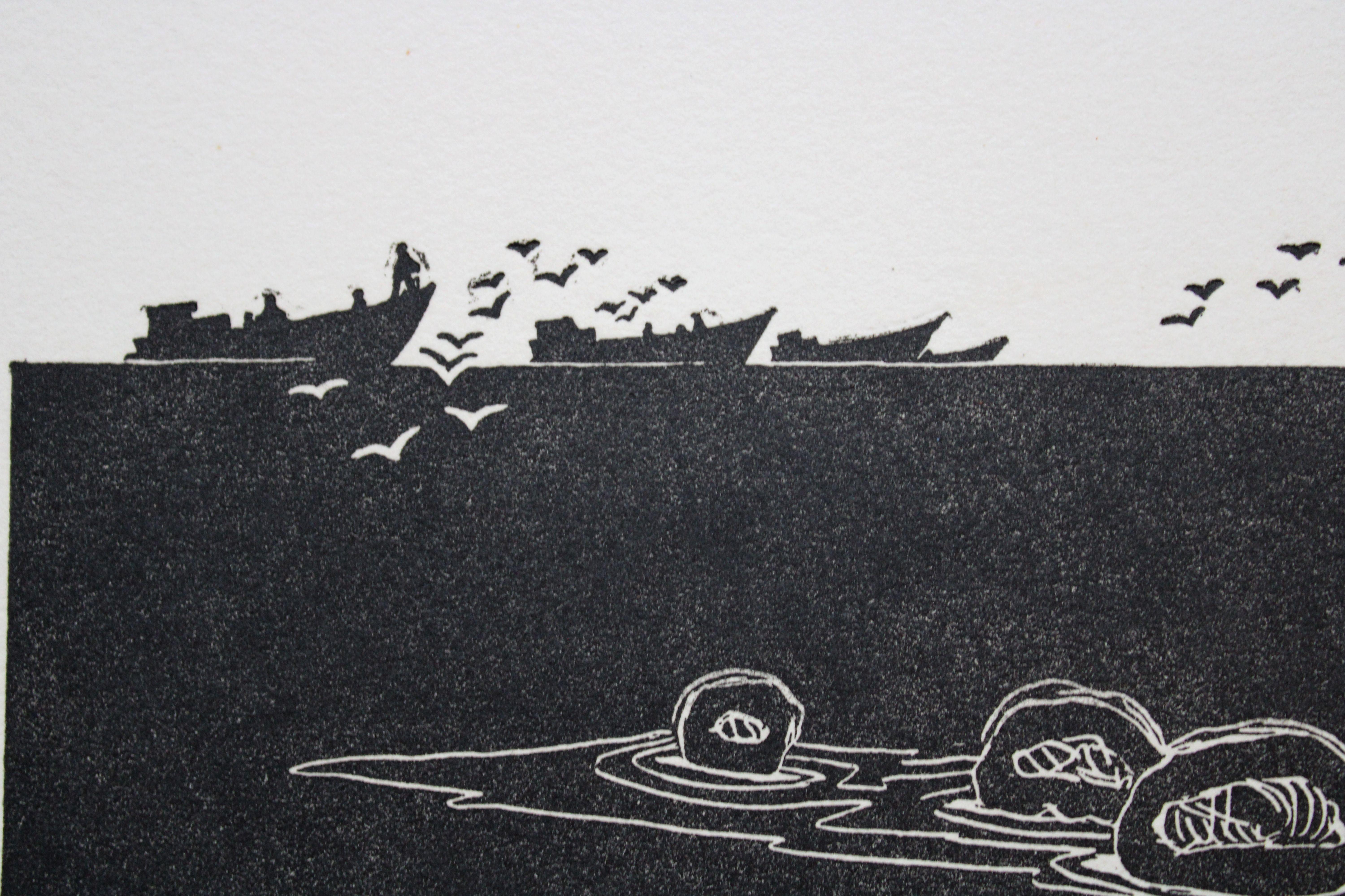 Calm sea. Paper, linocut, 26, 5x32 cm - Folk Art Print by Dainis Rozkalns