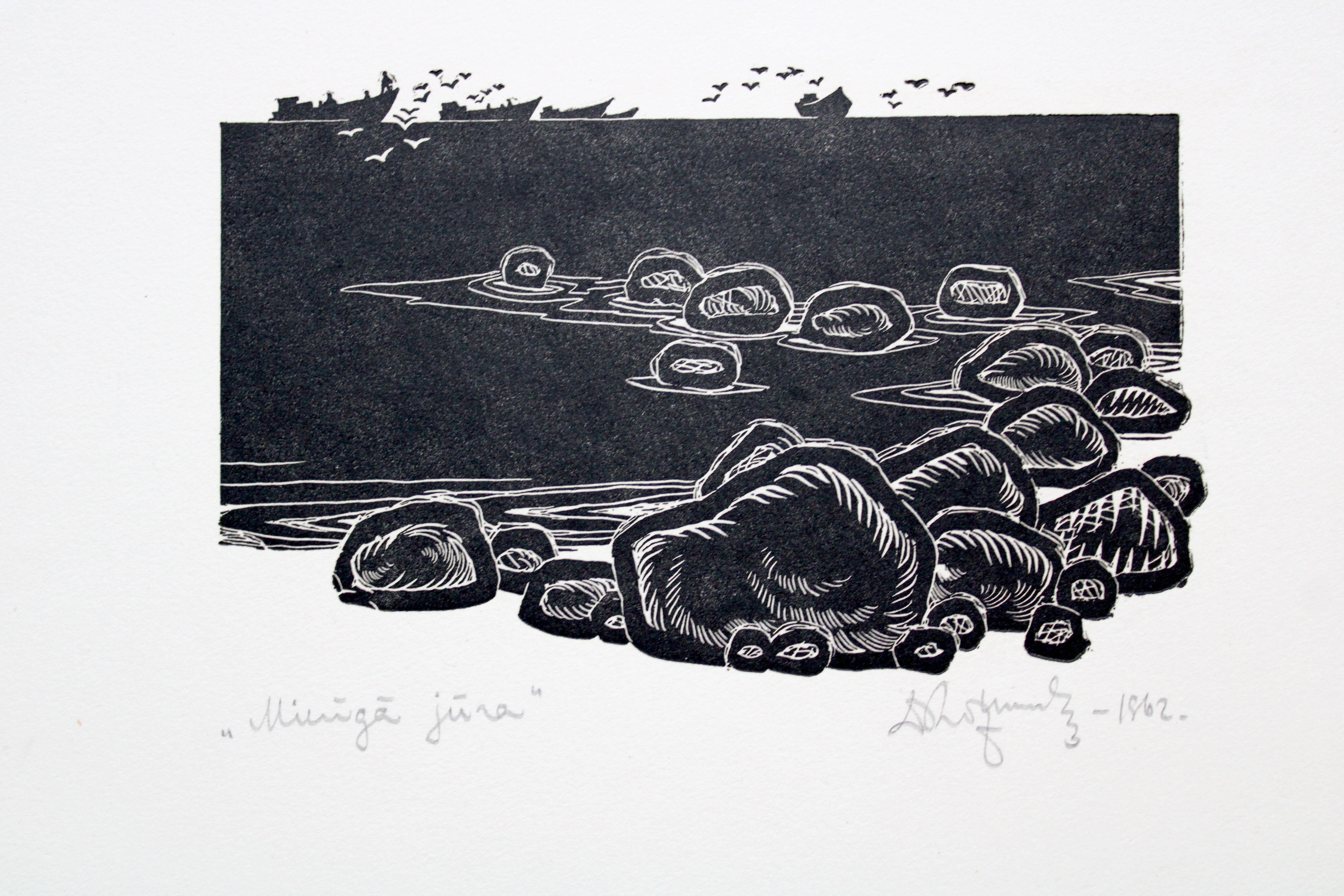Dainis Rozkalns Print - Calm sea. Paper, linocut, 26, 5x32 cm