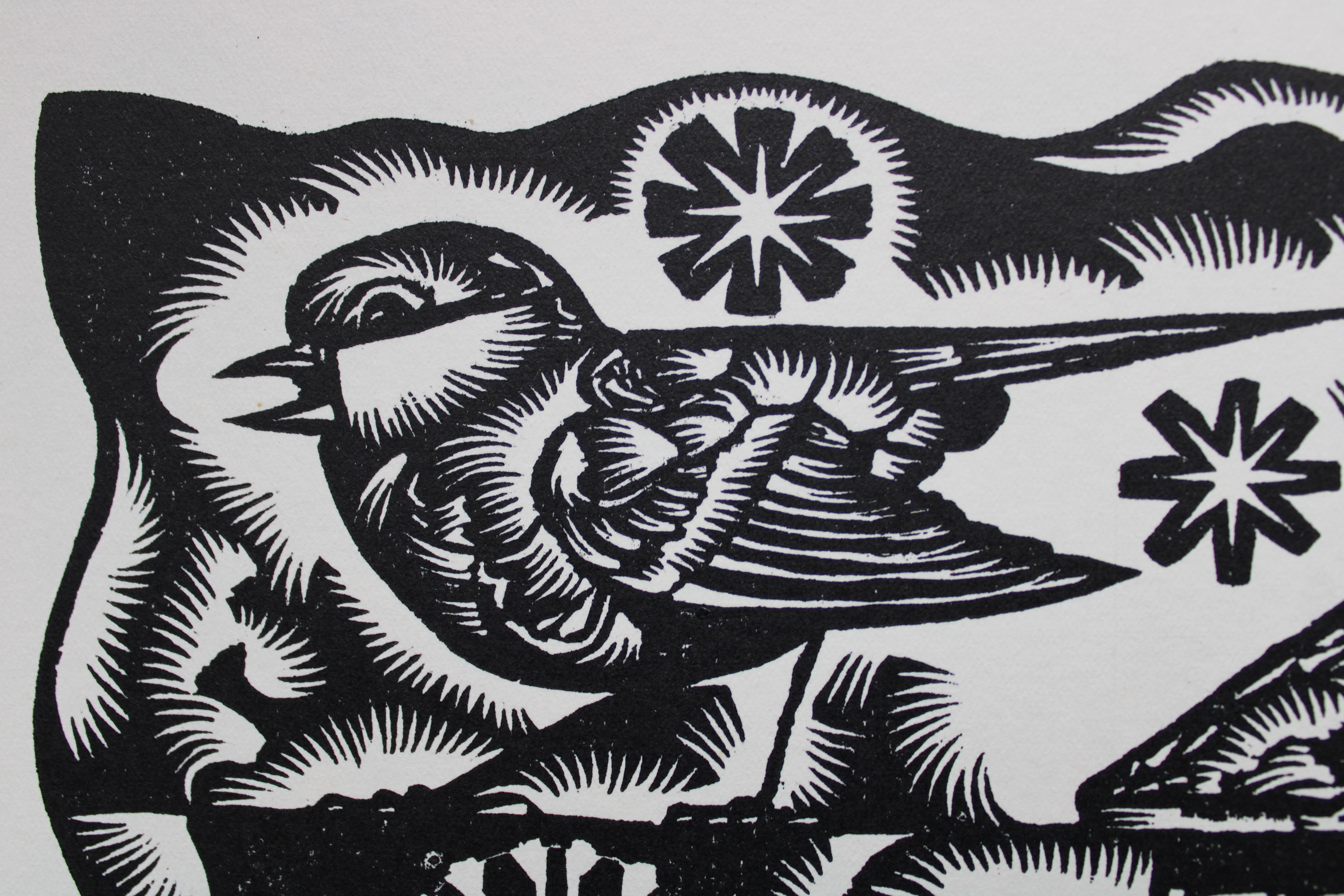 Chickadee sings. 1982. Paper, linocut, 25x34 cm - Print by Dainis Rozkalns