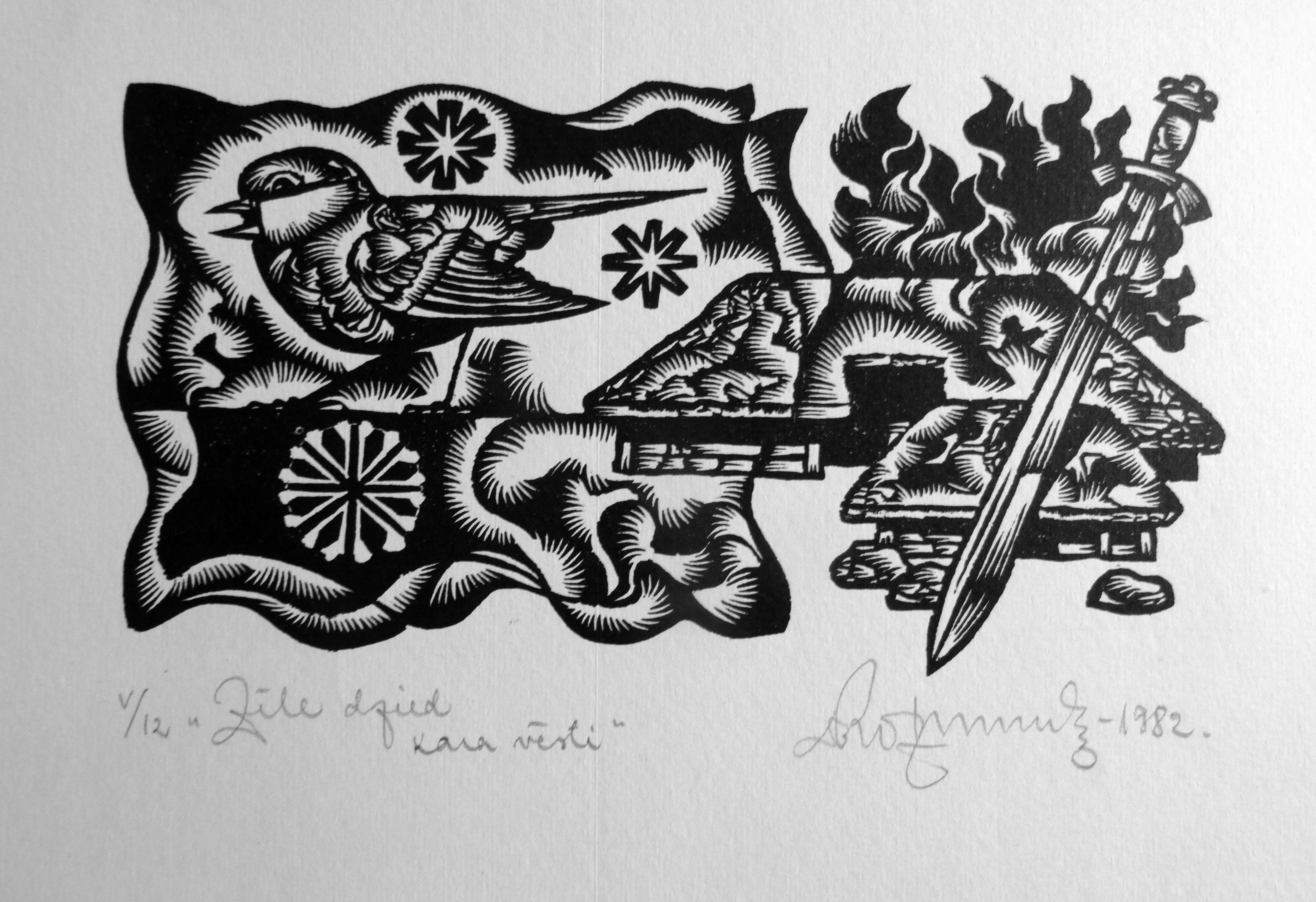 Dainis Rozkalns Animal Print - Chickadee sings. 1982. Paper, linocut, 25x34 cm