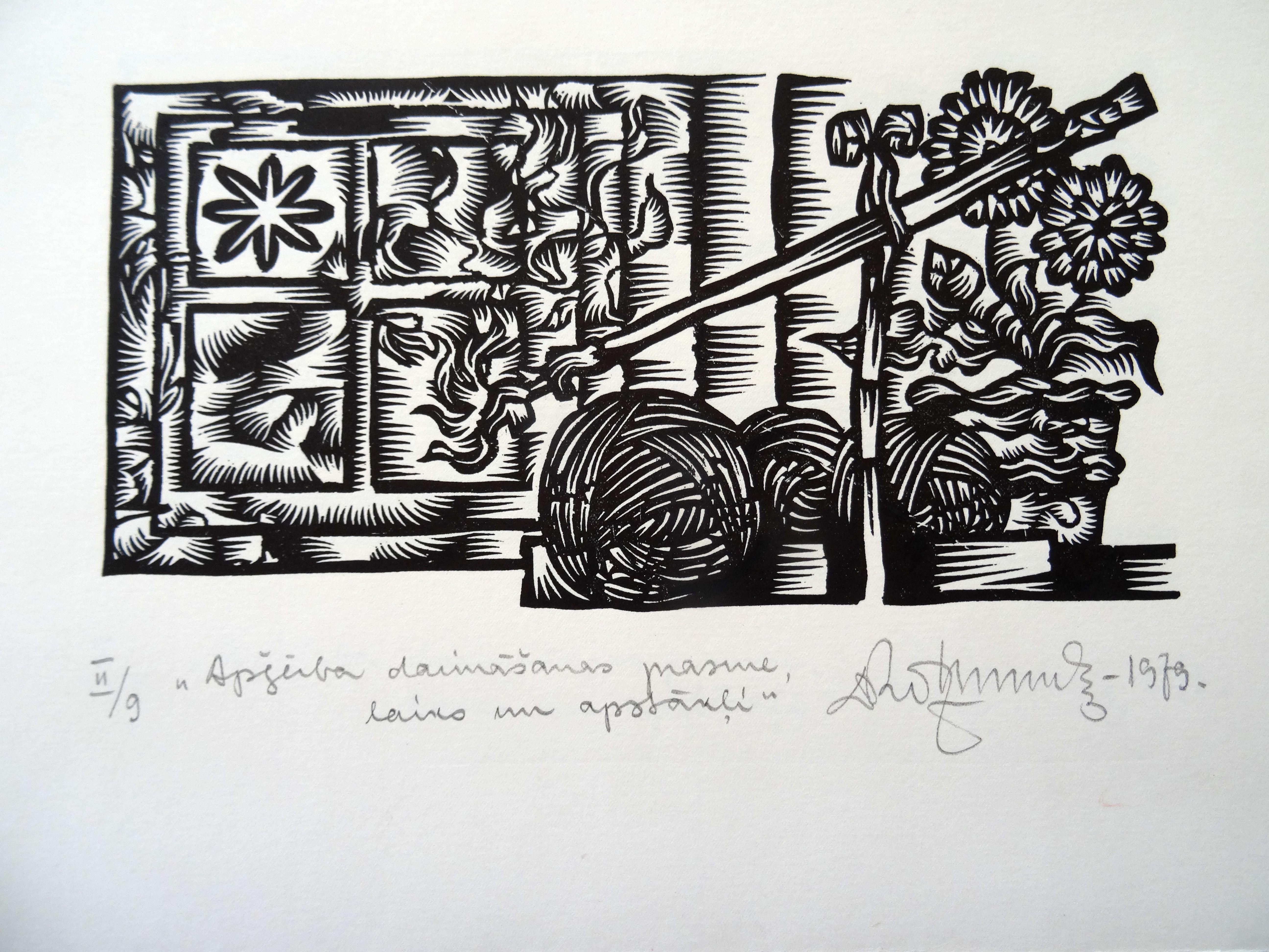 Dainis Rozkalns Print - Clothes making skill. 1979. Paper, linocut, 25x34 cm