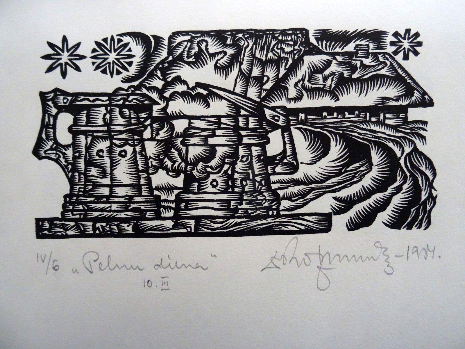 Dainis Rozkalns Print - Day of ashes. 1984. Paper, linocut, 25x34 cm