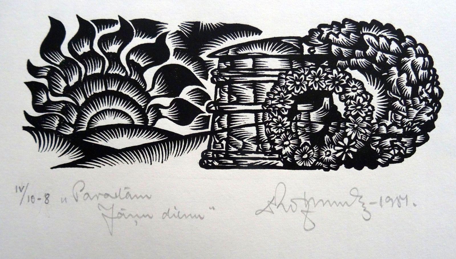 Dainis Rozkalns Print - Day of solstice. 1984. Paper, linocut, 20x34 cm