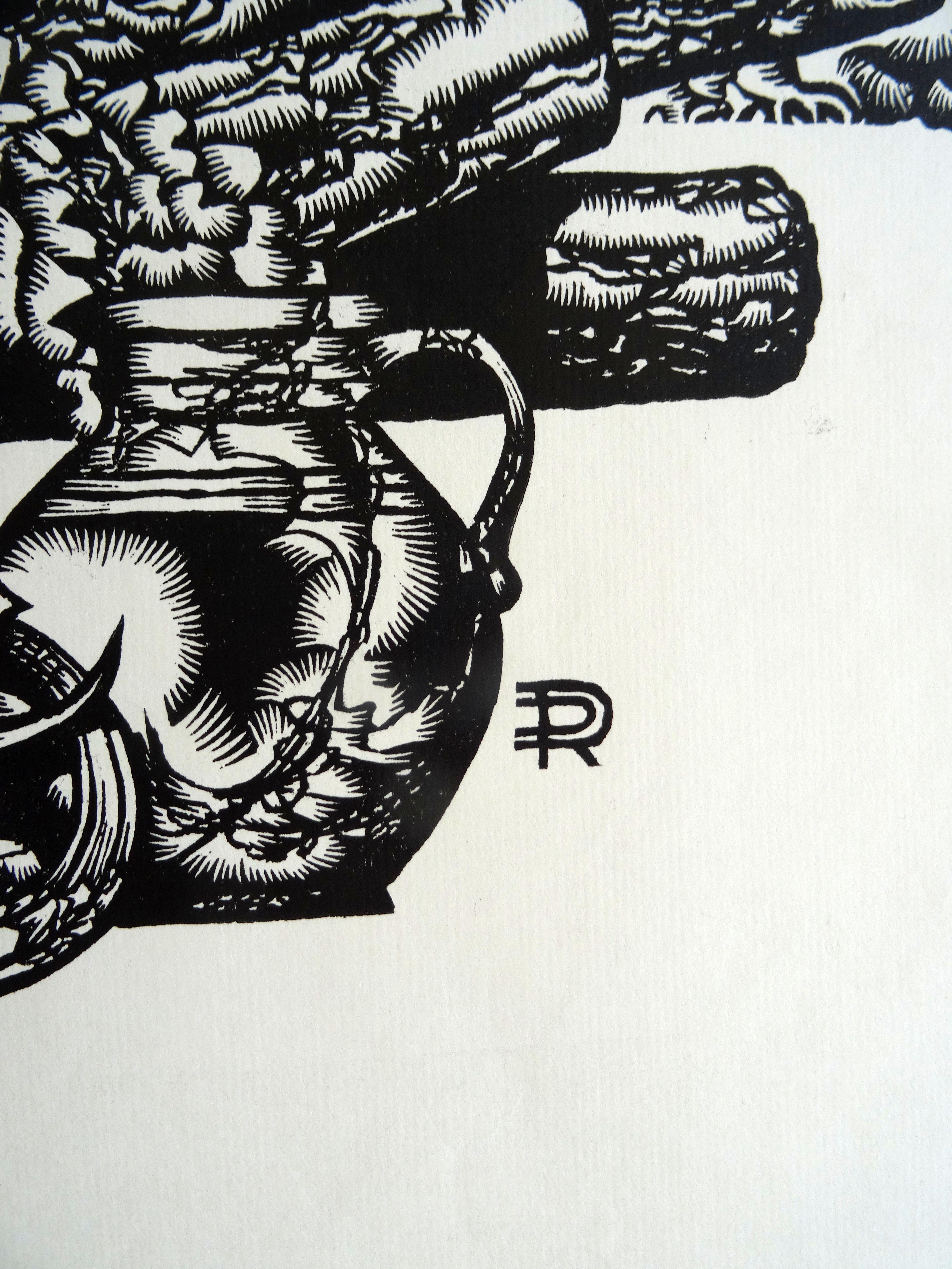 Dedicatoria a la ciudad de Valmiera. 1982, linograbado, tamaño de impresión 60x42 cm; total 70x55 cm - Print de Dainis Rozkalns