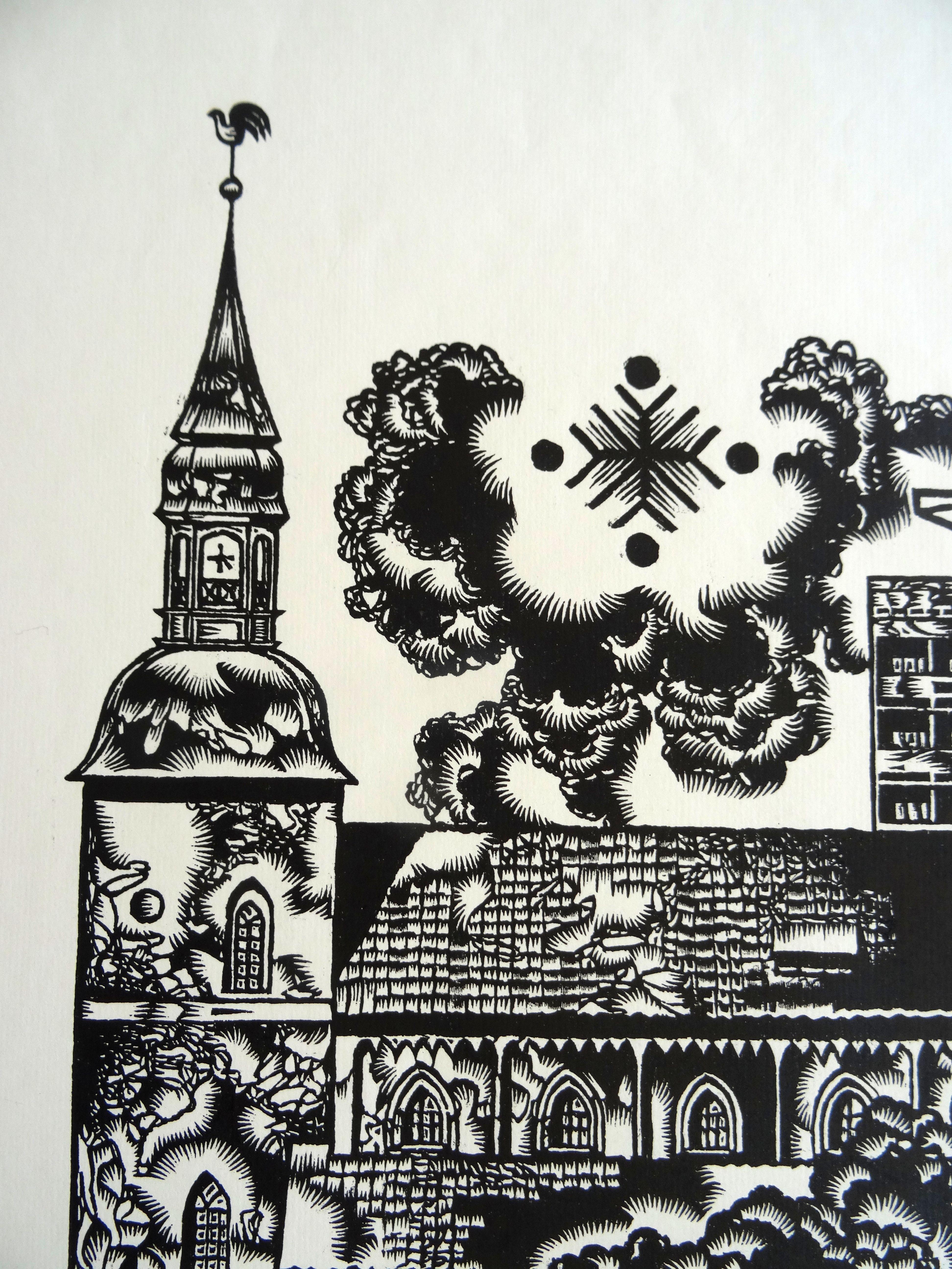 Dédication à Valmiera city. 1982, linogravure, taille de l'impression 60x42 cm ; total 70x55 cm - Géométrique abstrait Print par Dainis Rozkalns