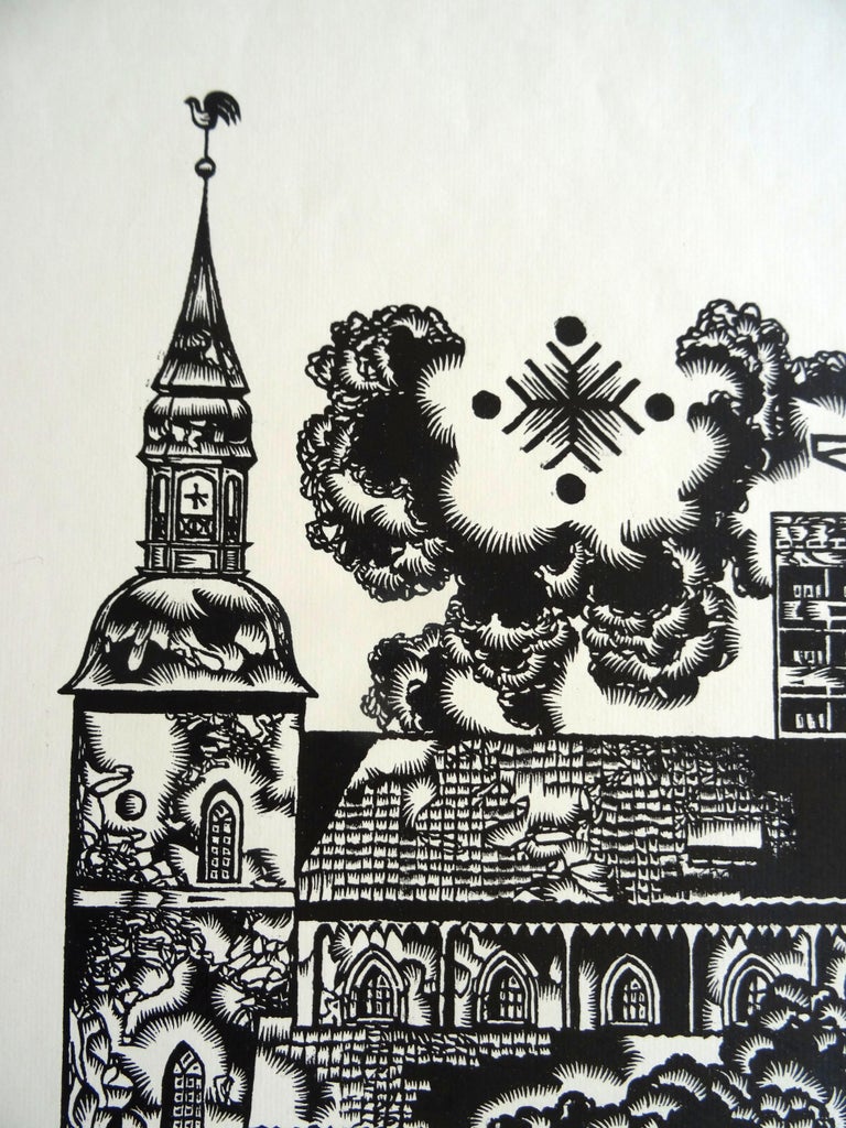 Dedication to Valmiera city. 1982, linocut, print size 60x42 cm; total 70x55 cm - Abstract Geometric Print by Dainis Rozkalns