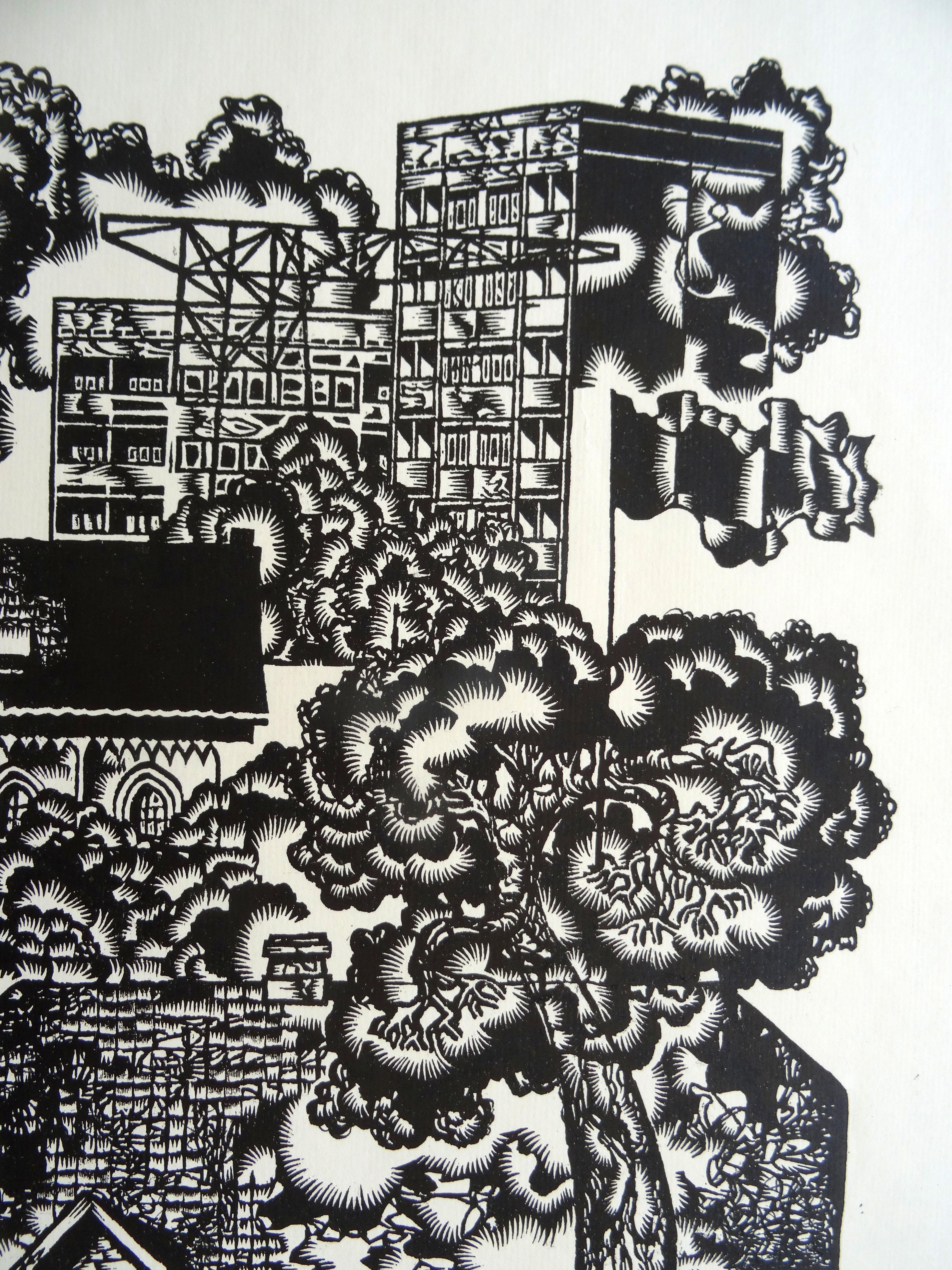Dédication à Valmiera city. 1982, linogravure, taille de l'impression 60x42 cm ; total 70x55 cm - Gris Still-Life Print par Dainis Rozkalns