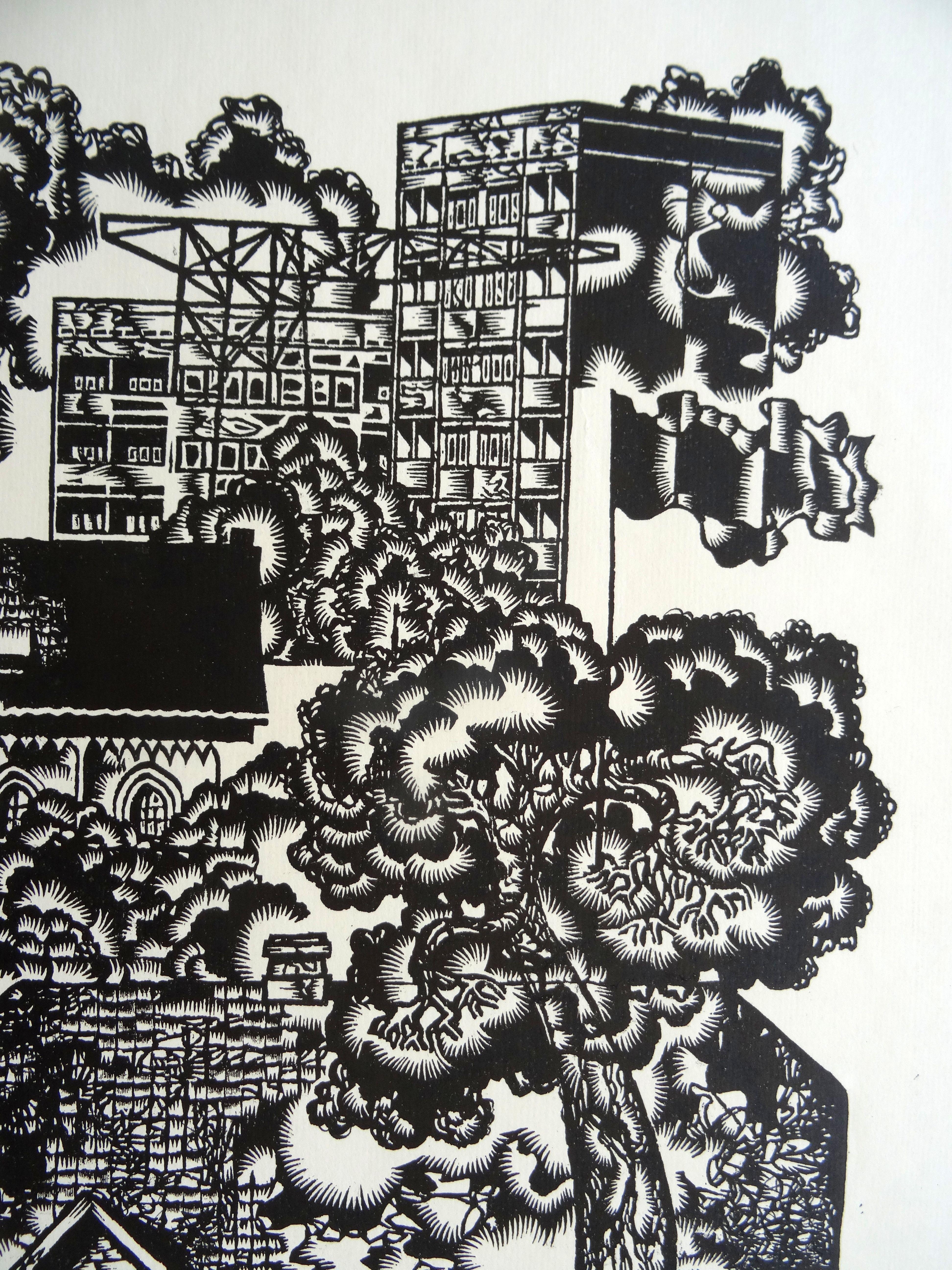 Dedicatoria a la ciudad de Valmiera. 1982, linograbado, tamaño de impresión 60x42 cm; total 70x55 cm - Still-Life Print Gris de Dainis Rozkalns