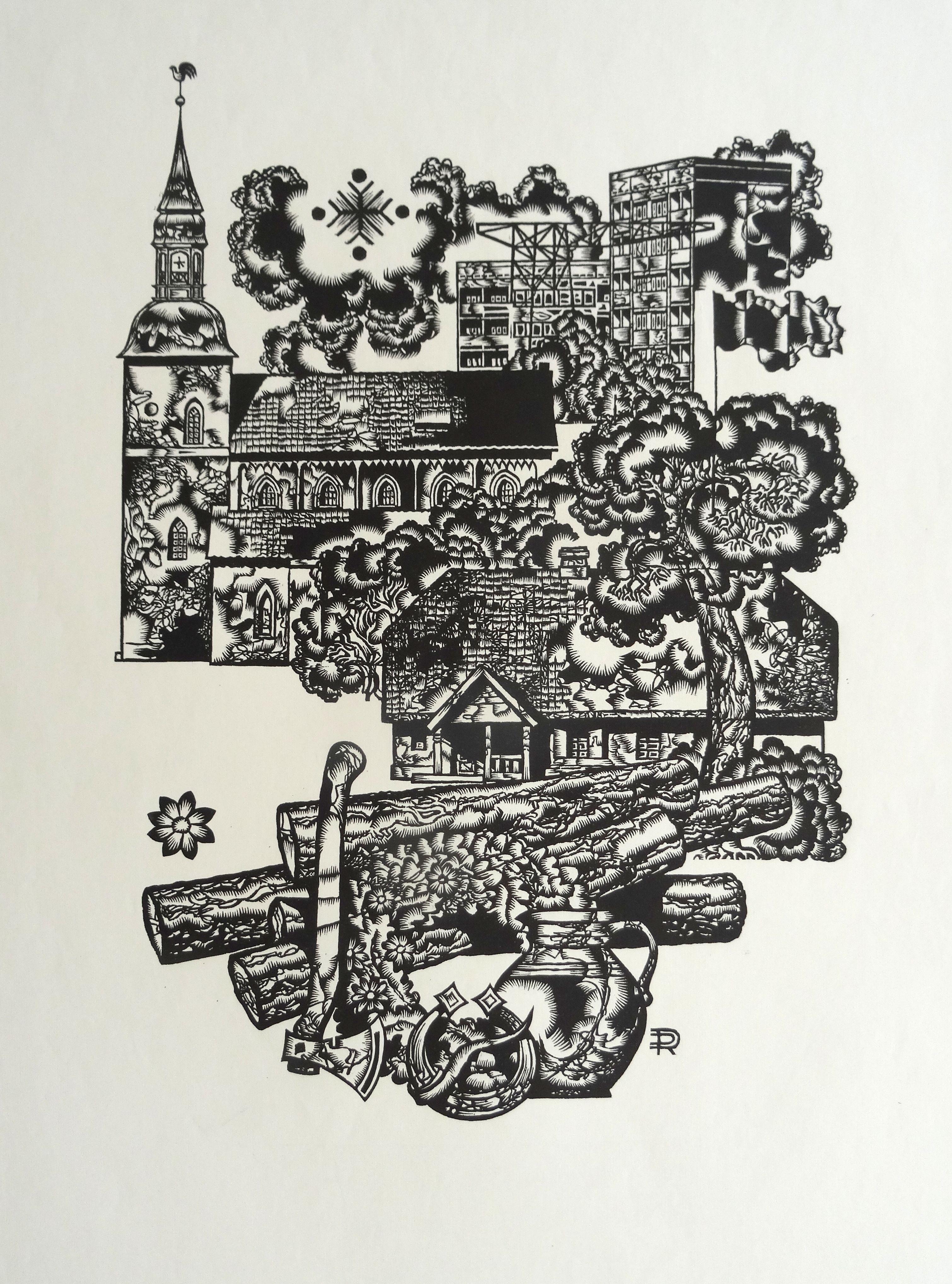 Dainis Rozkalns Still-Life Print - Dedication to Valmiera city. 1982, linocut, print size 60x42 cm; total 70x55 cm