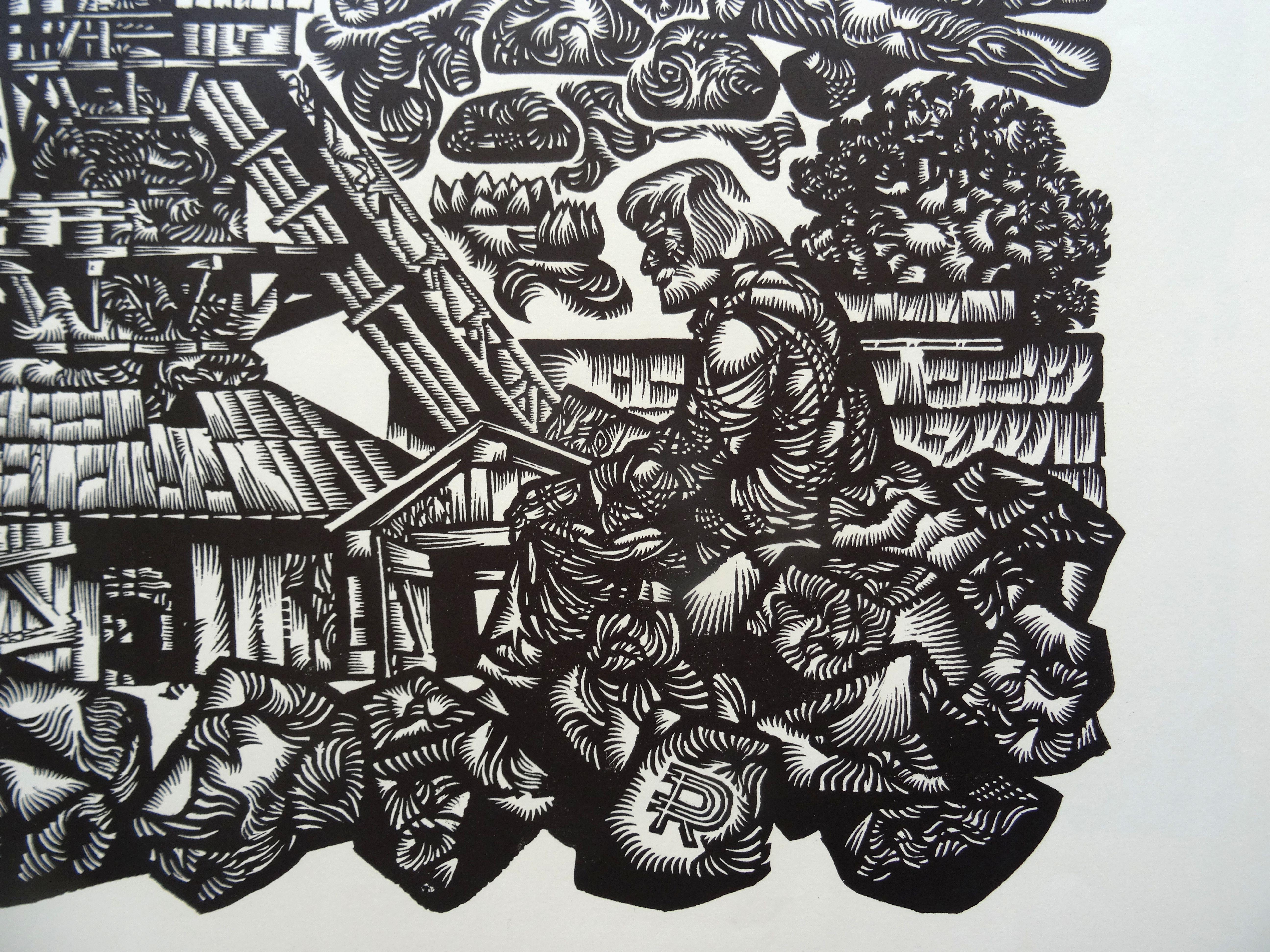 Fatigue. 1977, Paper, linocut, print size 55x50 cm; total 70x65 cm - Print by Dainis Rozkalns